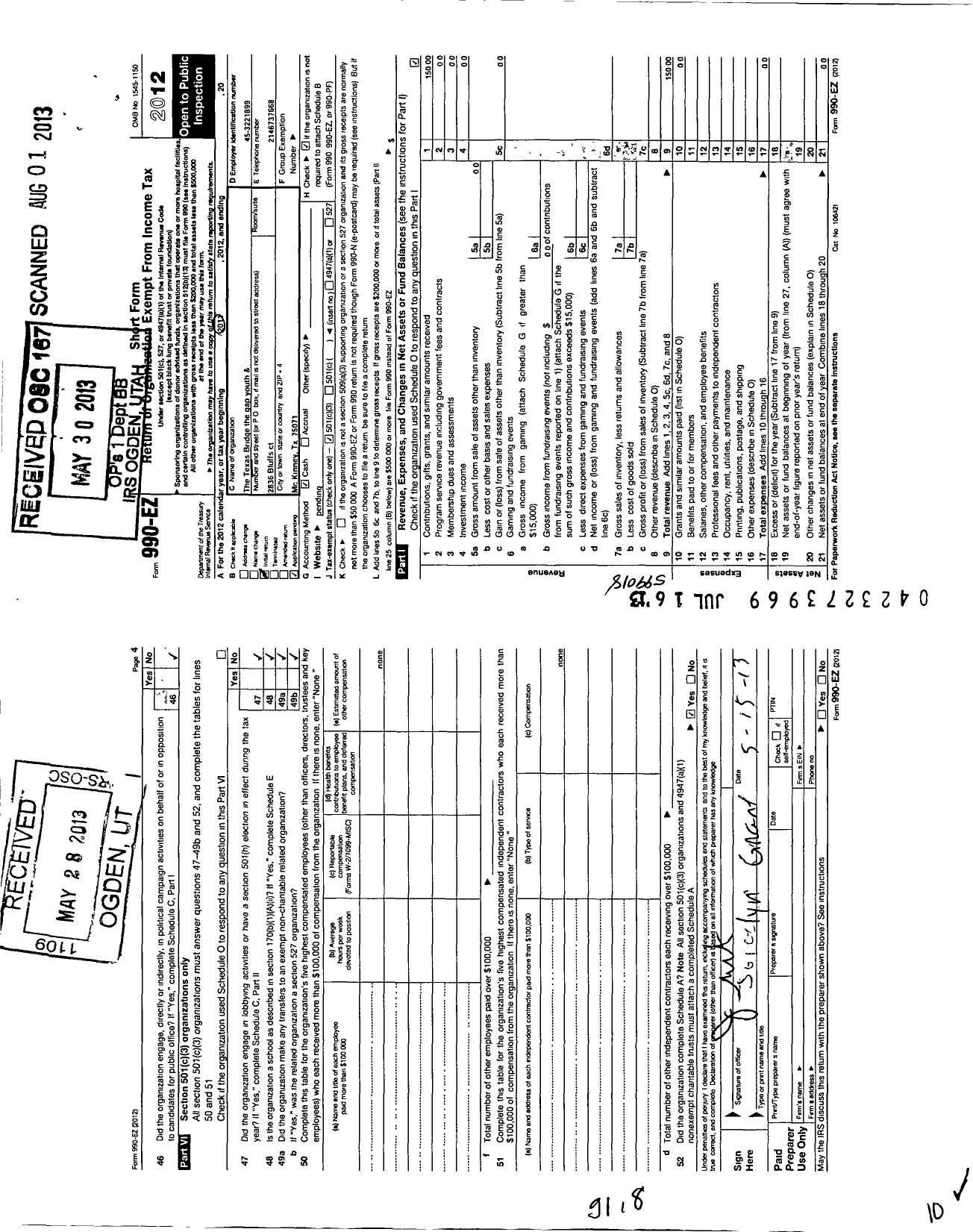 Image of first page of 2012 Form 990EZ for The Texas Bridge The Gap youth and family services