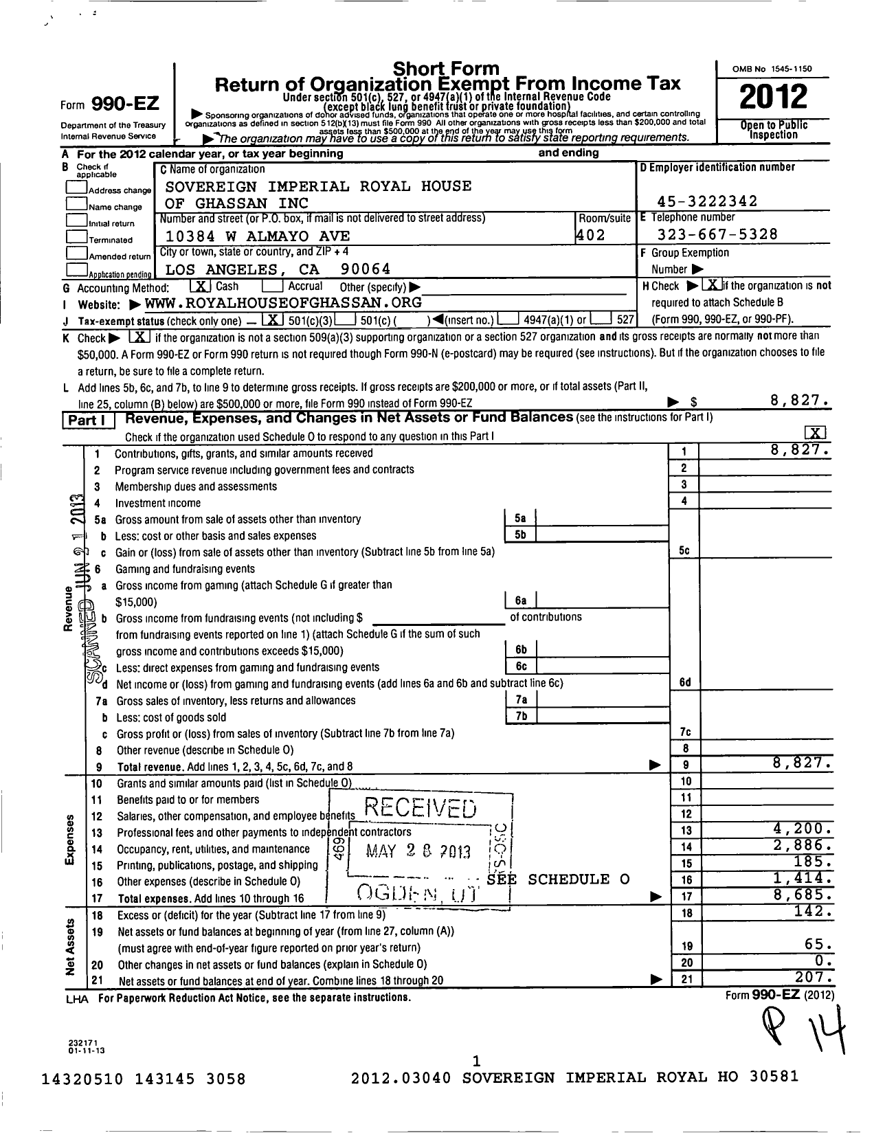 Image of first page of 2012 Form 990EZ for Sovereign Imperial and Royal House of Ghassan