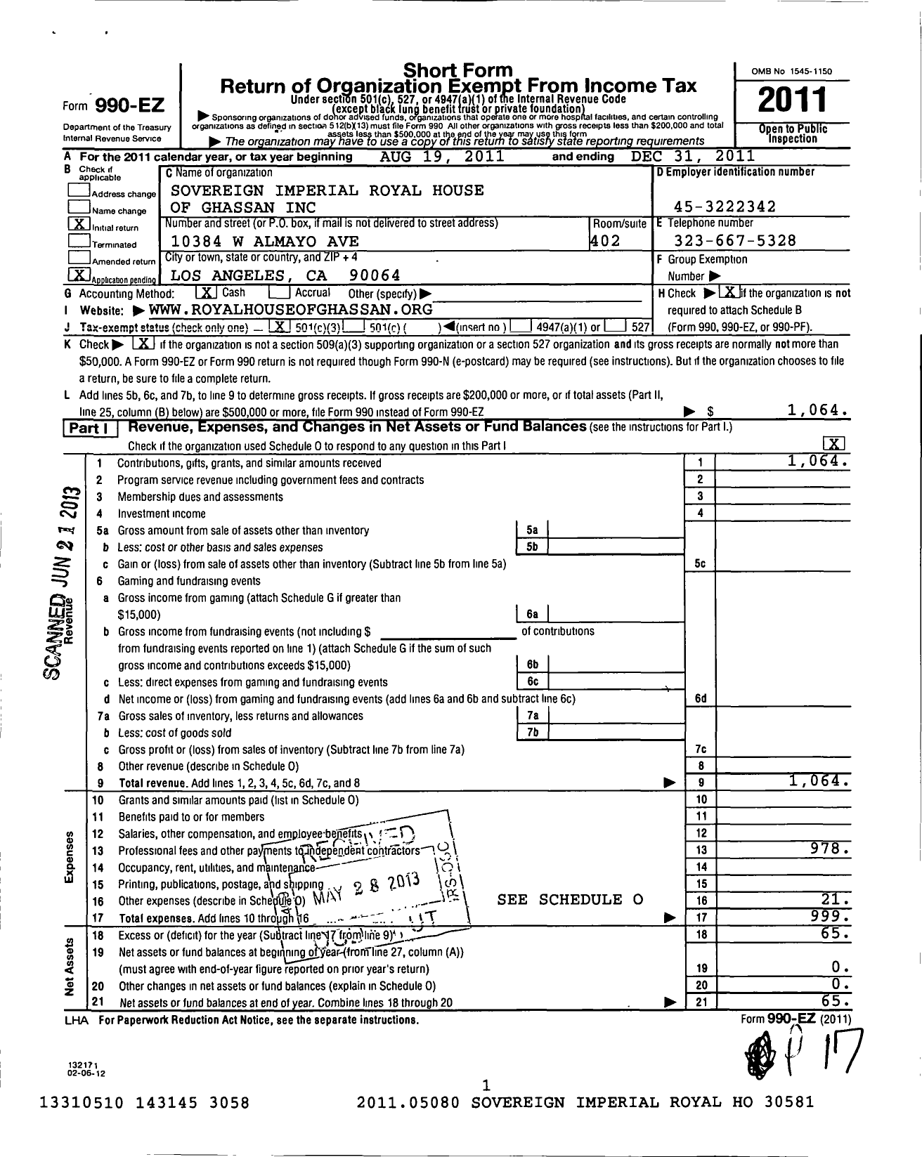 Image of first page of 2011 Form 990EZ for Sovereign Imperial and Royal House of Ghassan