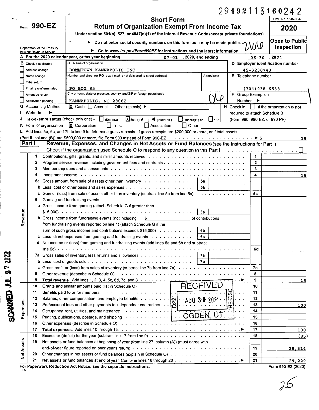 Image of first page of 2020 Form 990EO for Downtown Kannapolis