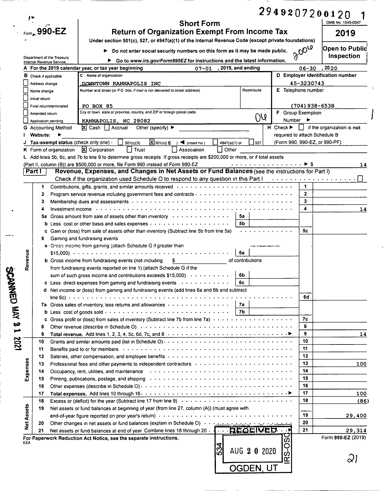 Image of first page of 2019 Form 990EO for Downtown Kannapolis