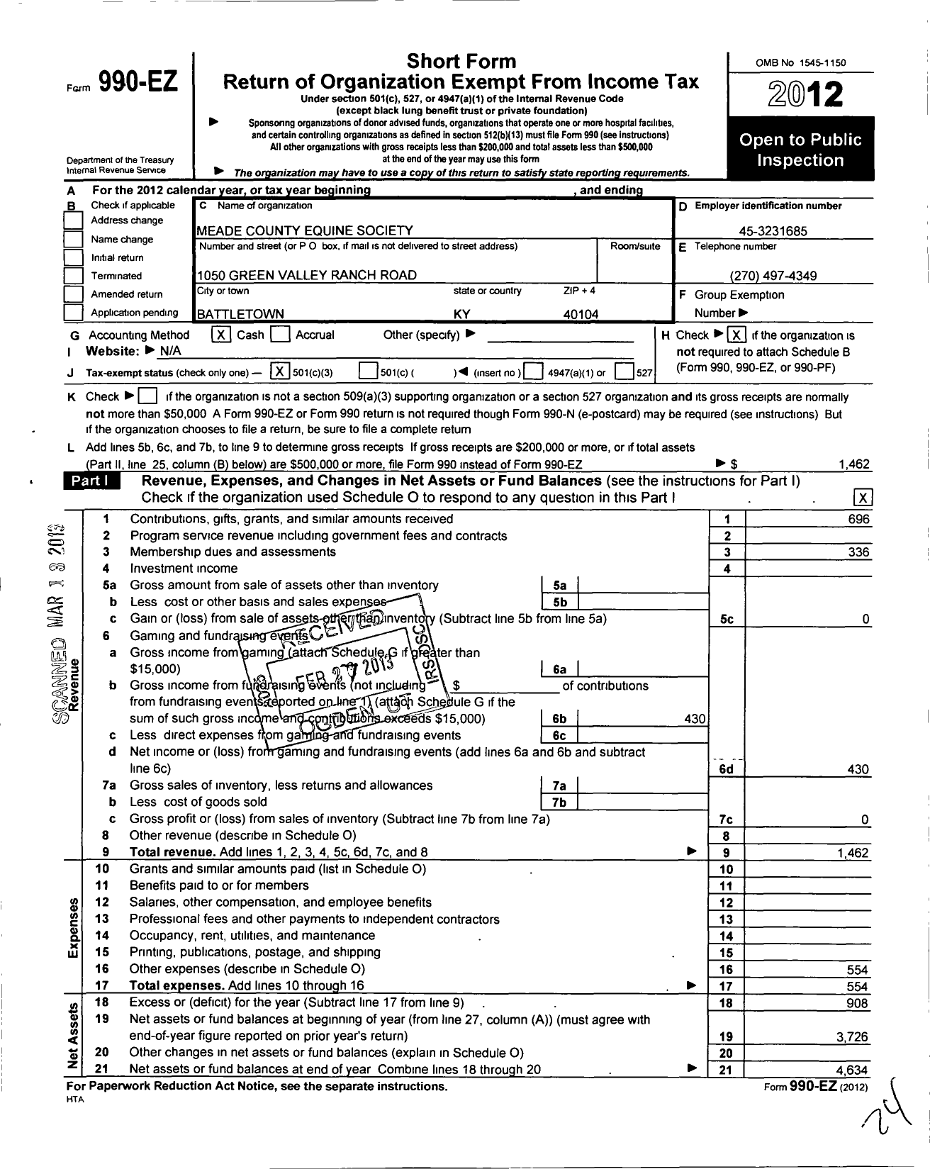Image of first page of 2012 Form 990EZ for Meade County Equine Society