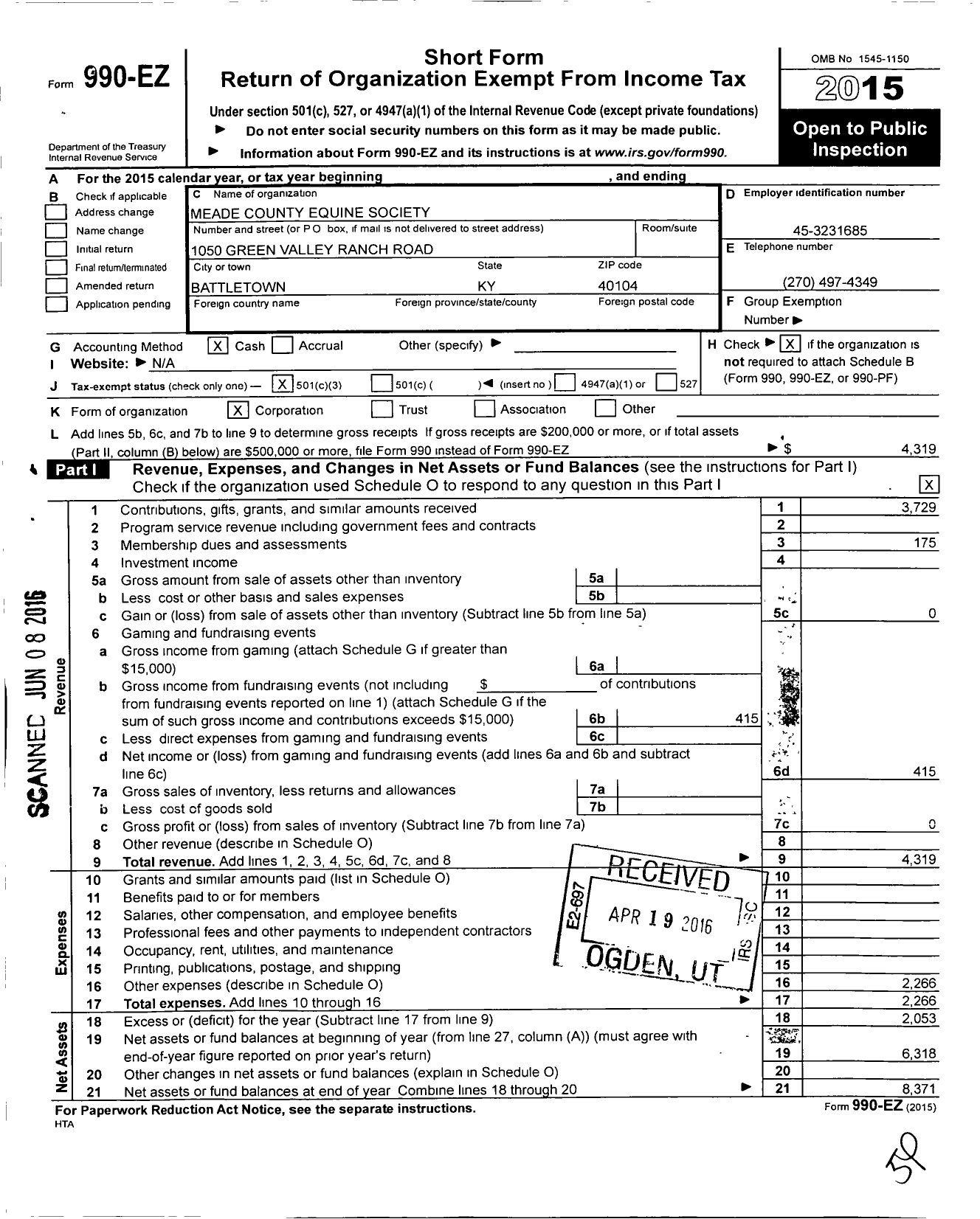 Image of first page of 2015 Form 990EZ for Meade County Equine Society