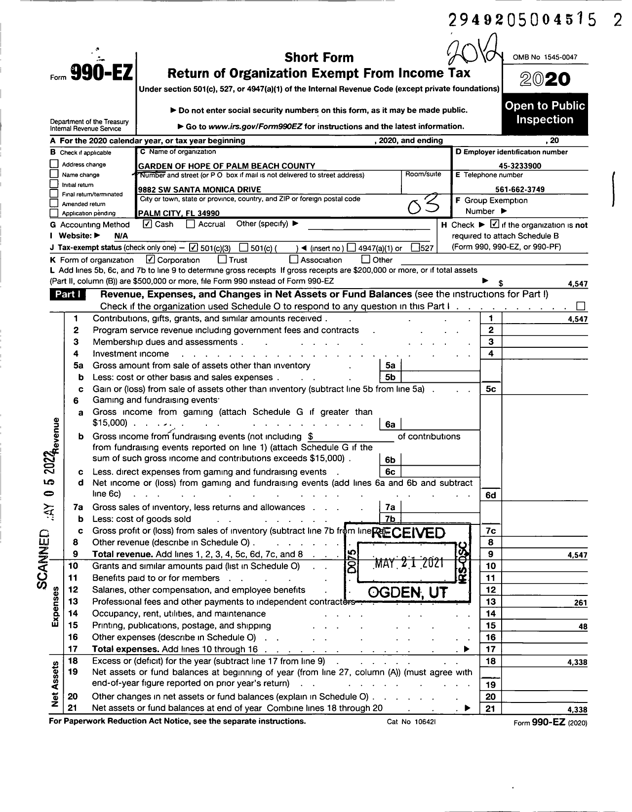 Image of first page of 2020 Form 990EZ for Garden of Hope