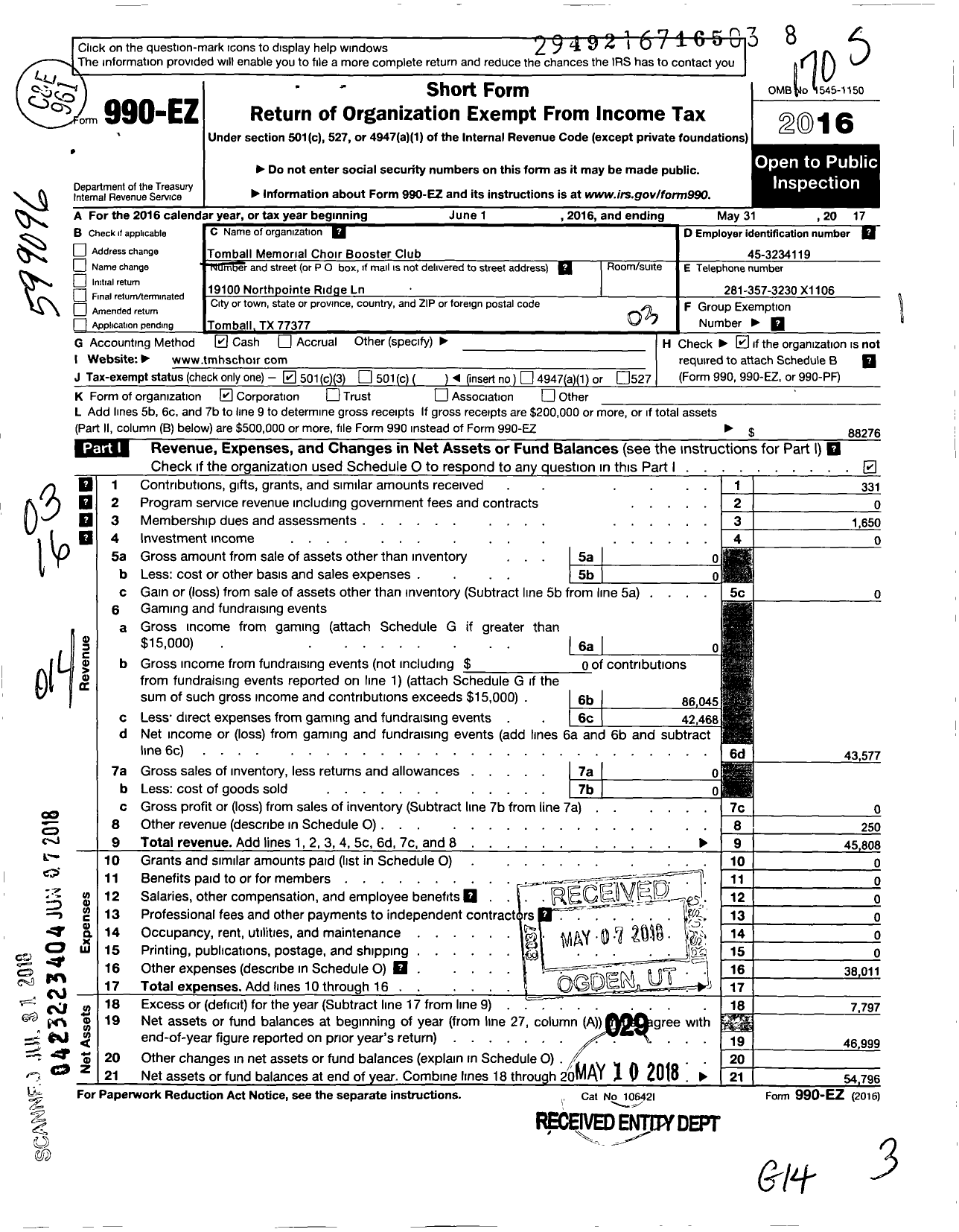 Image of first page of 2016 Form 990EZ for Tomball Memorial Choir Booster Club