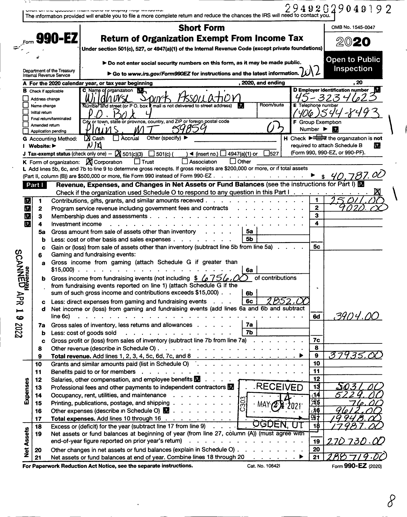 Image of first page of 2020 Form 990EZ for Wildhorse Sports Association