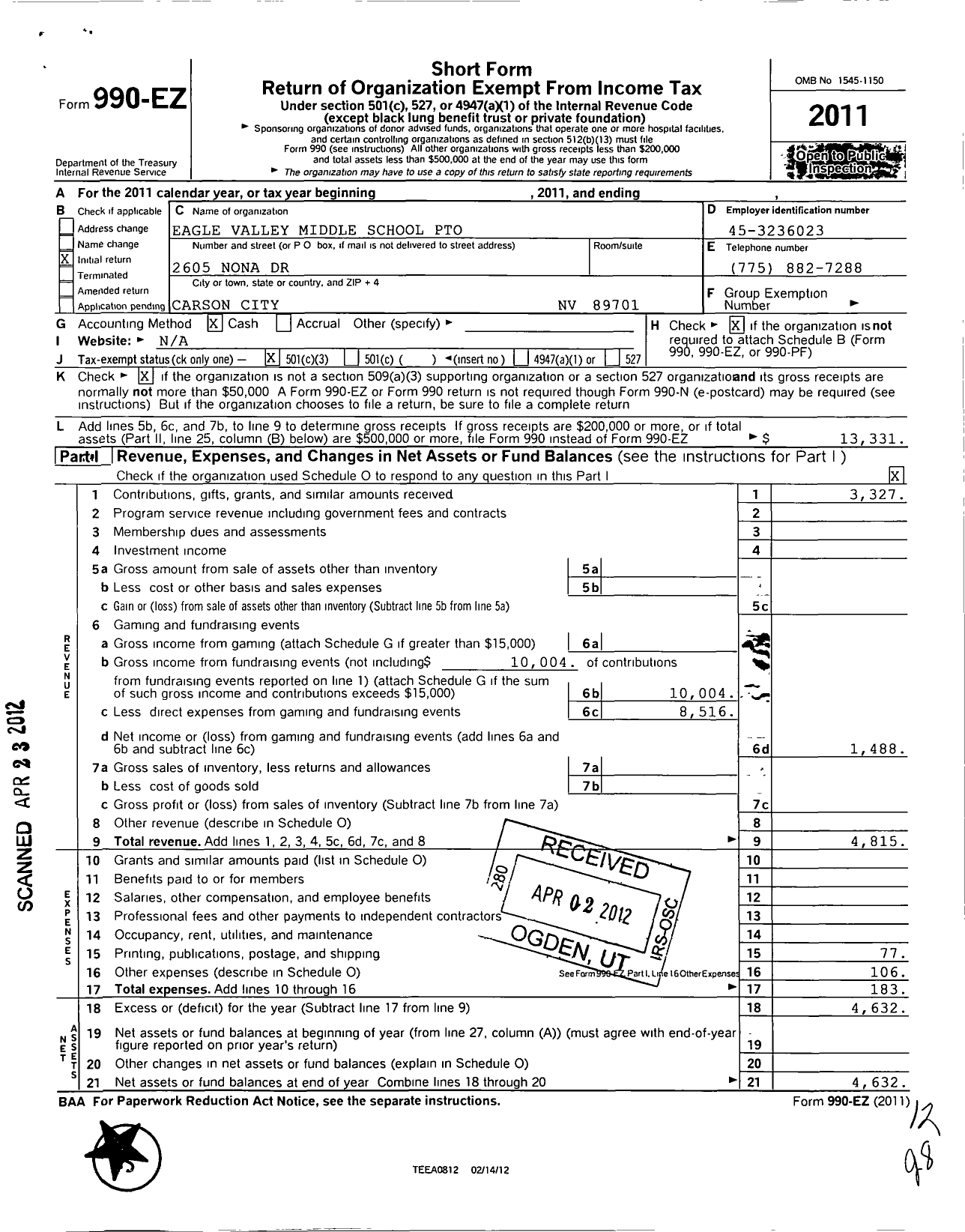 Image of first page of 2011 Form 990EZ for Eagle Valley Middle School Pto