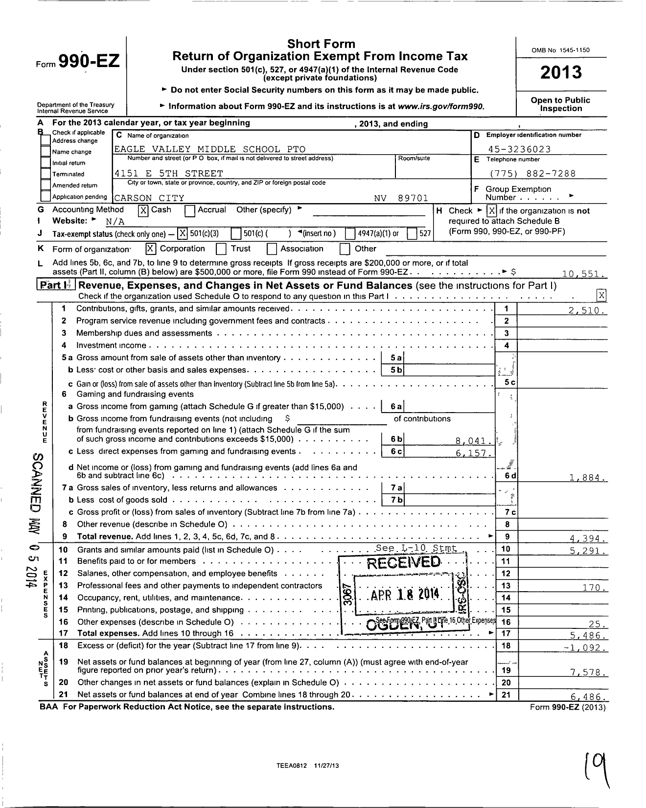 Image of first page of 2013 Form 990EZ for Eagle Valley Middle School Pto