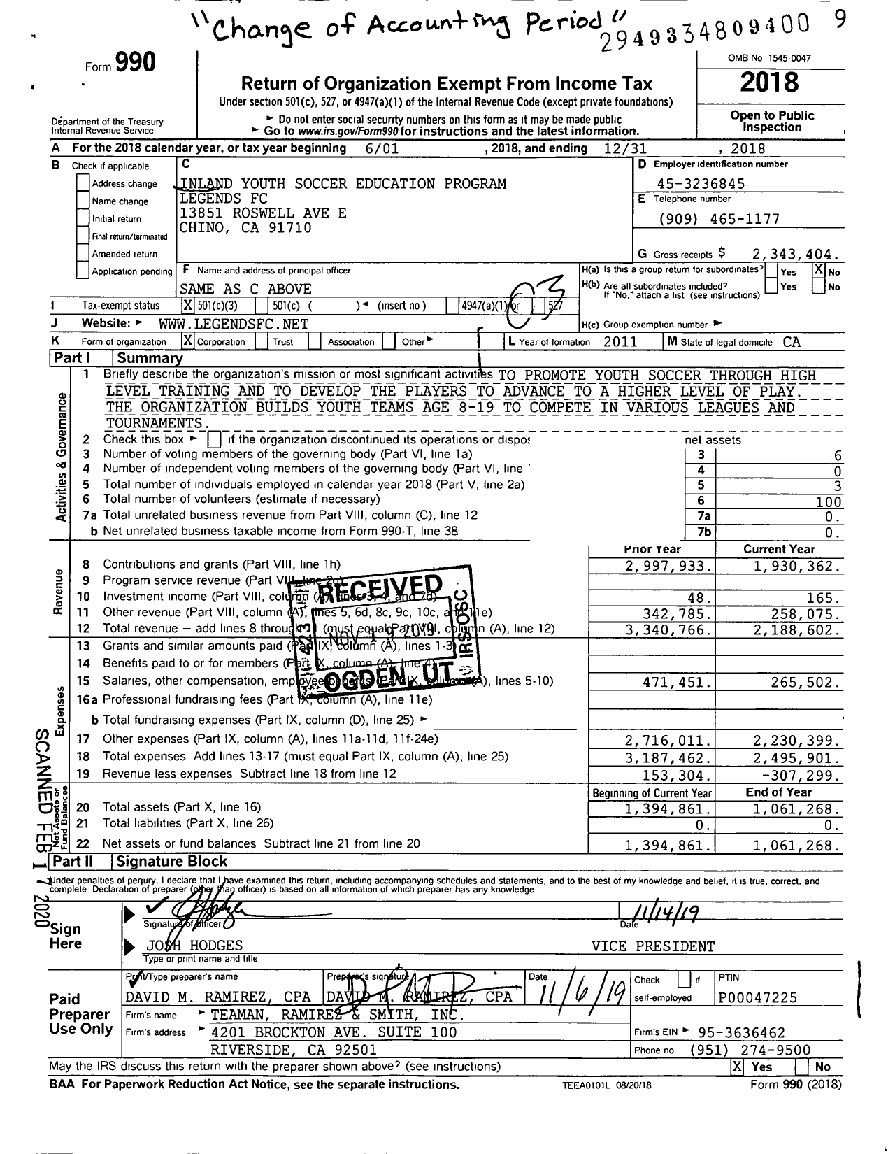 Image of first page of 2018 Form 990 for Legends FC (LFC)