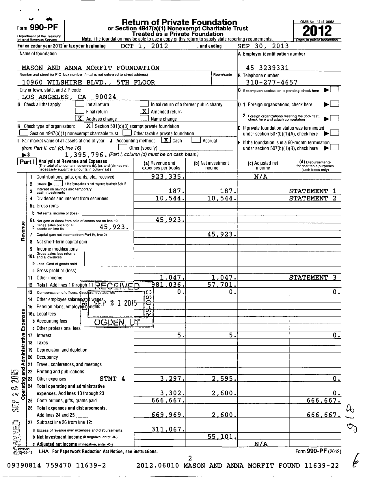 Image of first page of 2012 Form 990PF for Mason and Anna Morfit Foundation