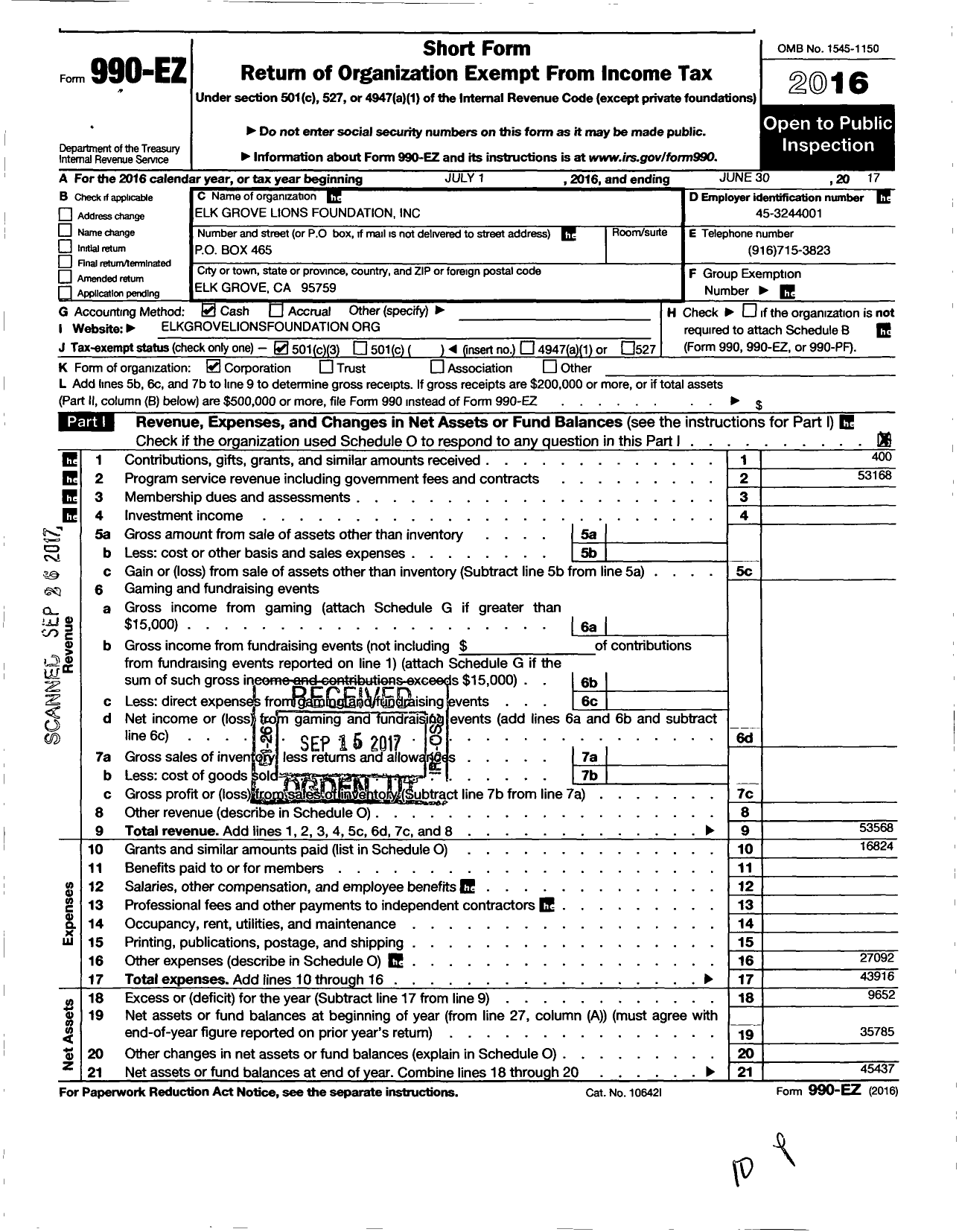 Image of first page of 2016 Form 990EZ for Elk Grove Lions Foundation