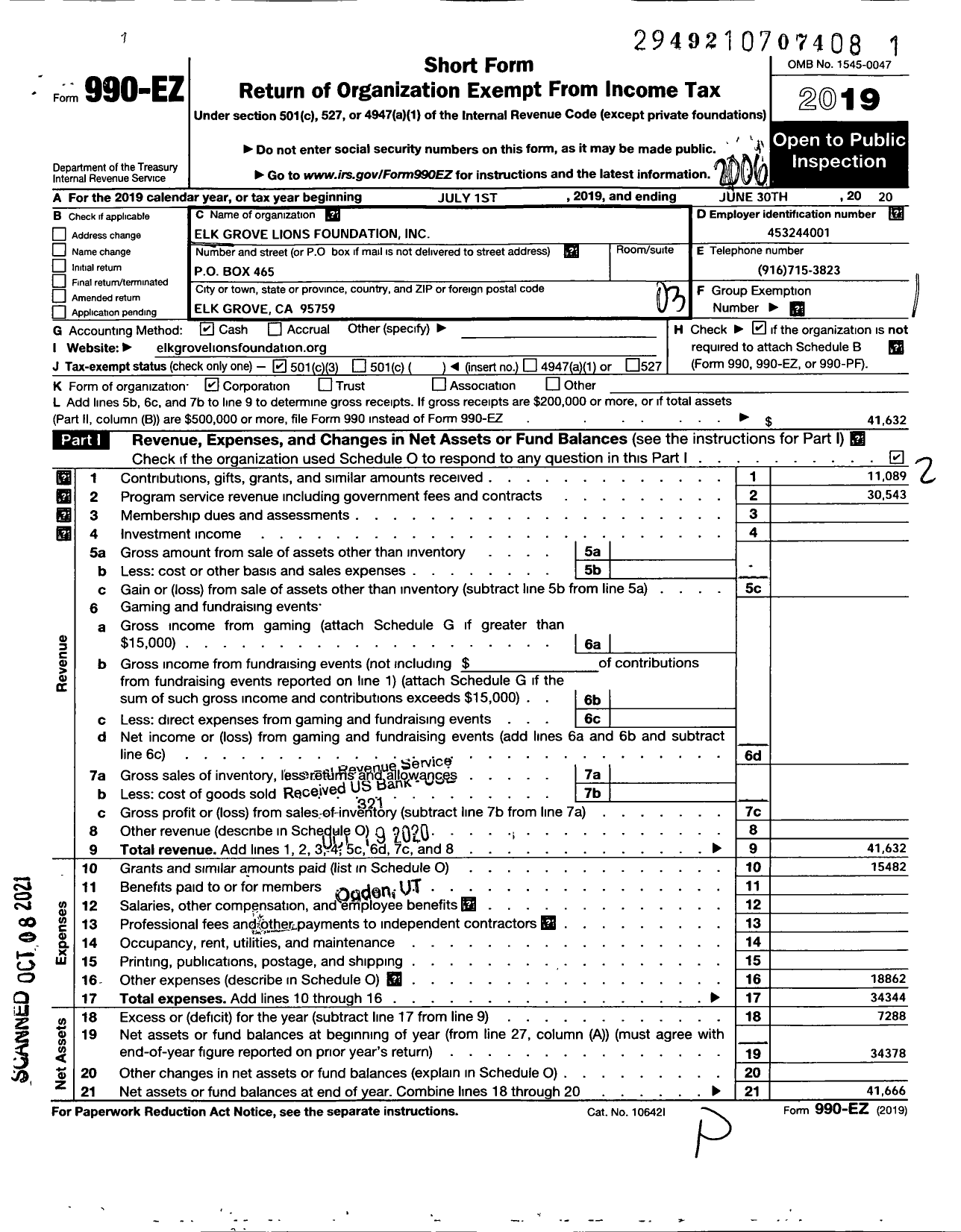 Image of first page of 2019 Form 990EZ for Elk Grove Lions Foundation