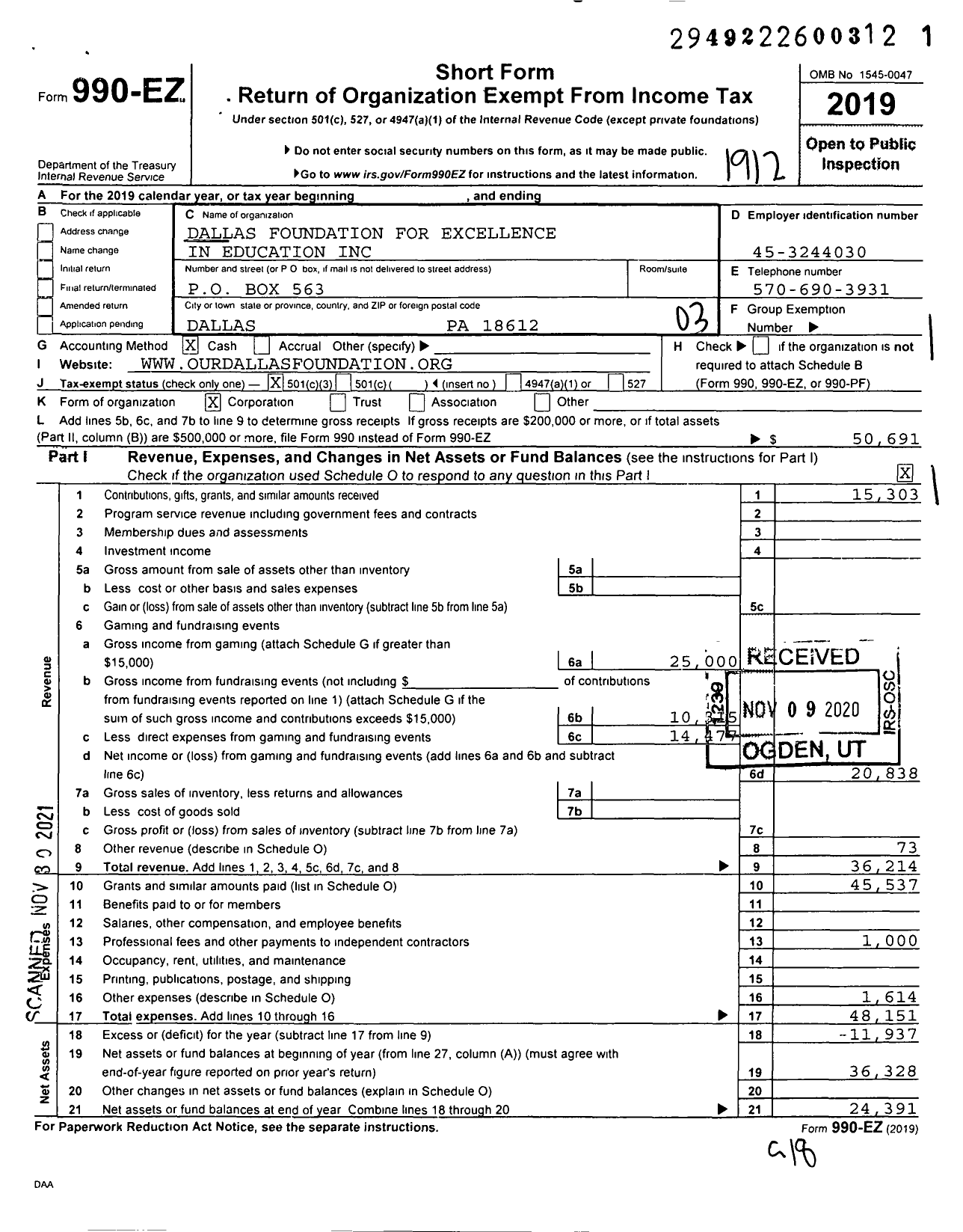 Image of first page of 2019 Form 990EZ for Dallas Foundation for Excellence in Education