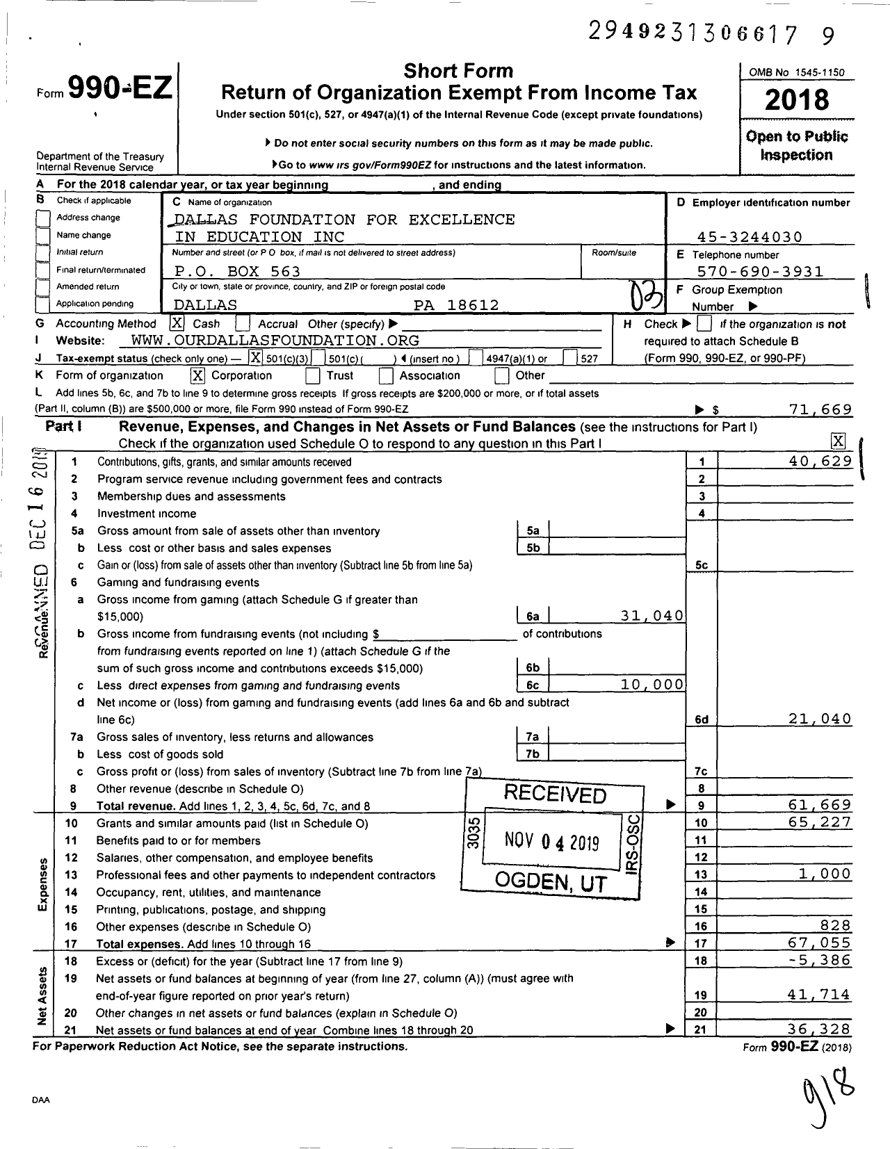 Image of first page of 2018 Form 990EZ for Dallas Foundation for Excellence in Education