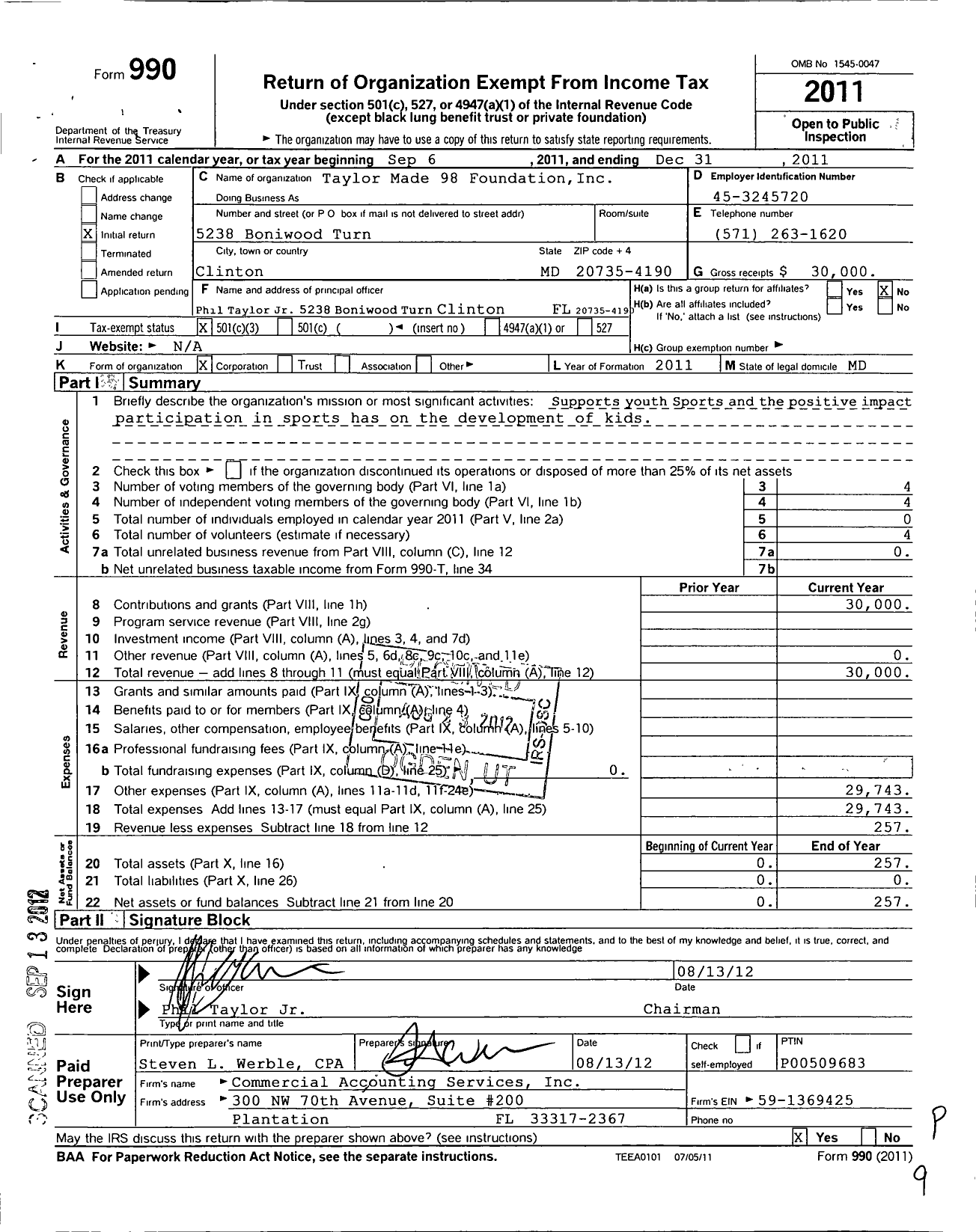 Image of first page of 2011 Form 990 for Taylor Made 98 Foundation