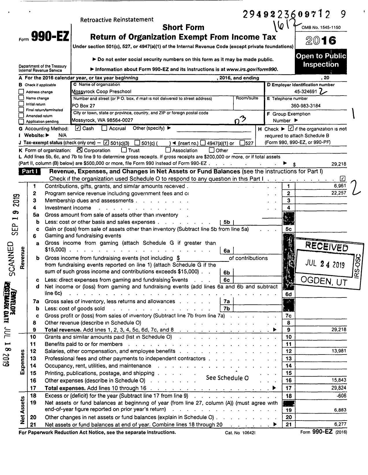 Image of first page of 2016 Form 990EZ for Mossyrock Coop Preschool