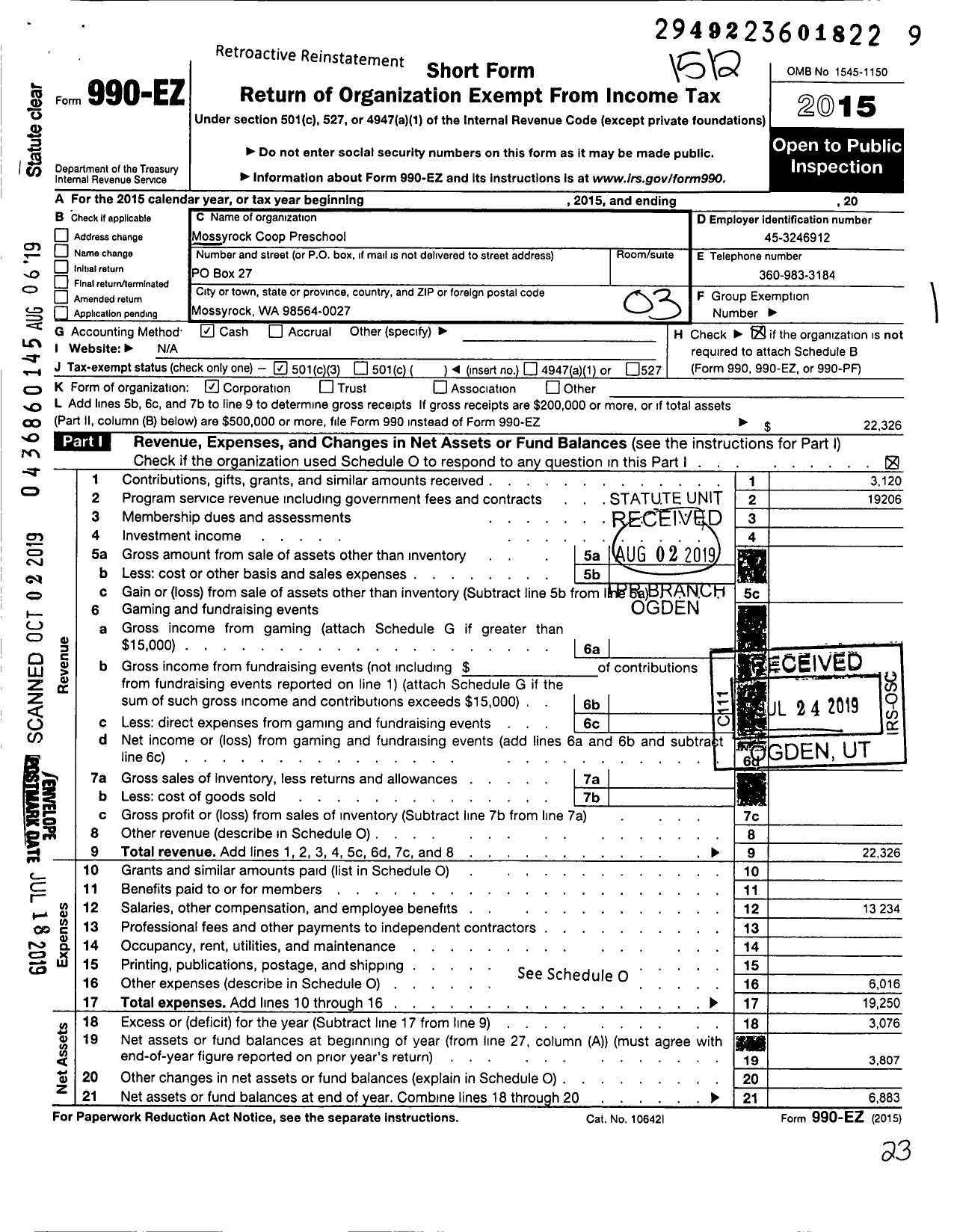 Image of first page of 2015 Form 990EZ for Mossyrock Coop Preschool