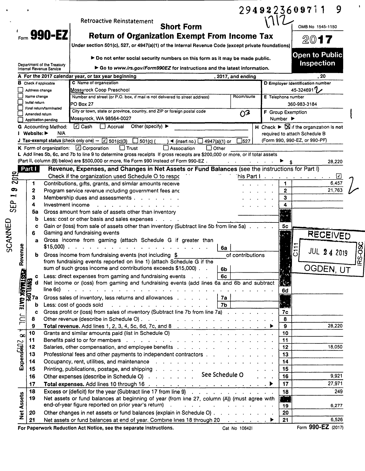 Image of first page of 2017 Form 990EZ for Mossyrock Coop Preschool