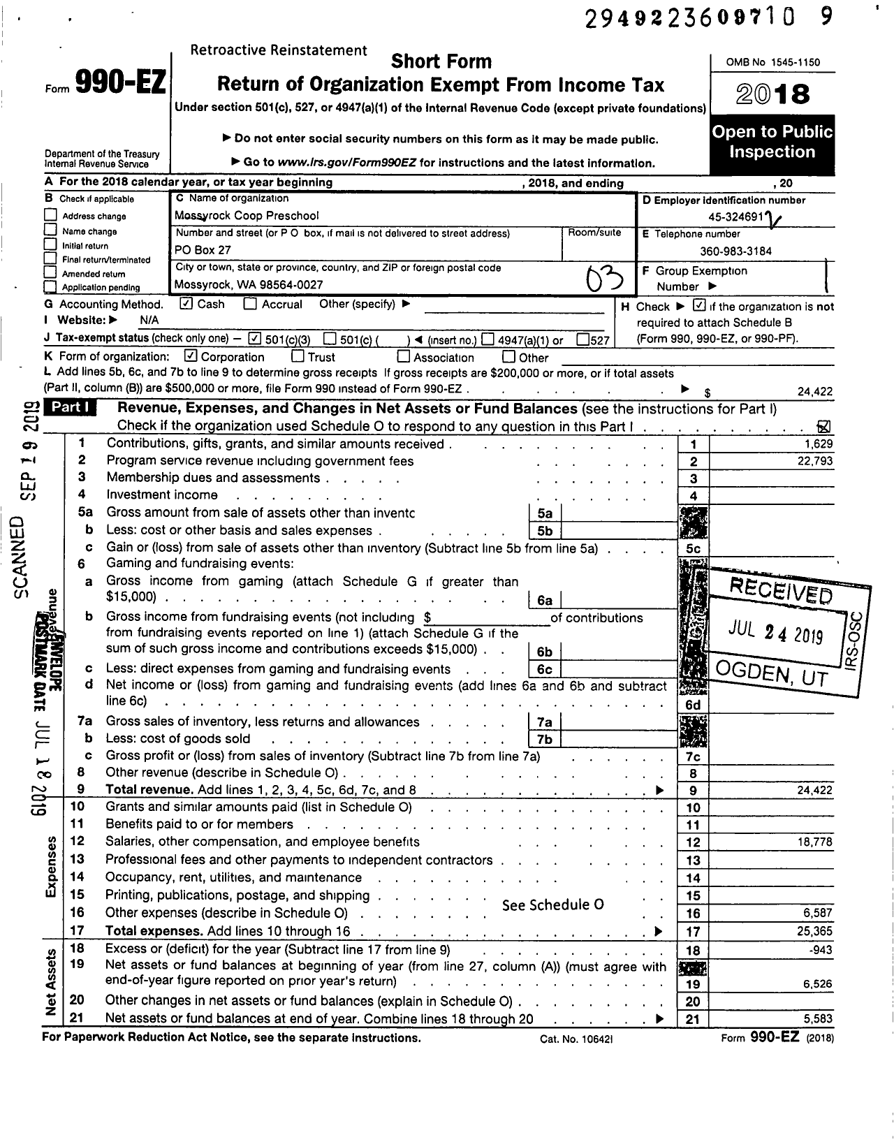 Image of first page of 2018 Form 990EZ for Mossyrock Coop Preschool