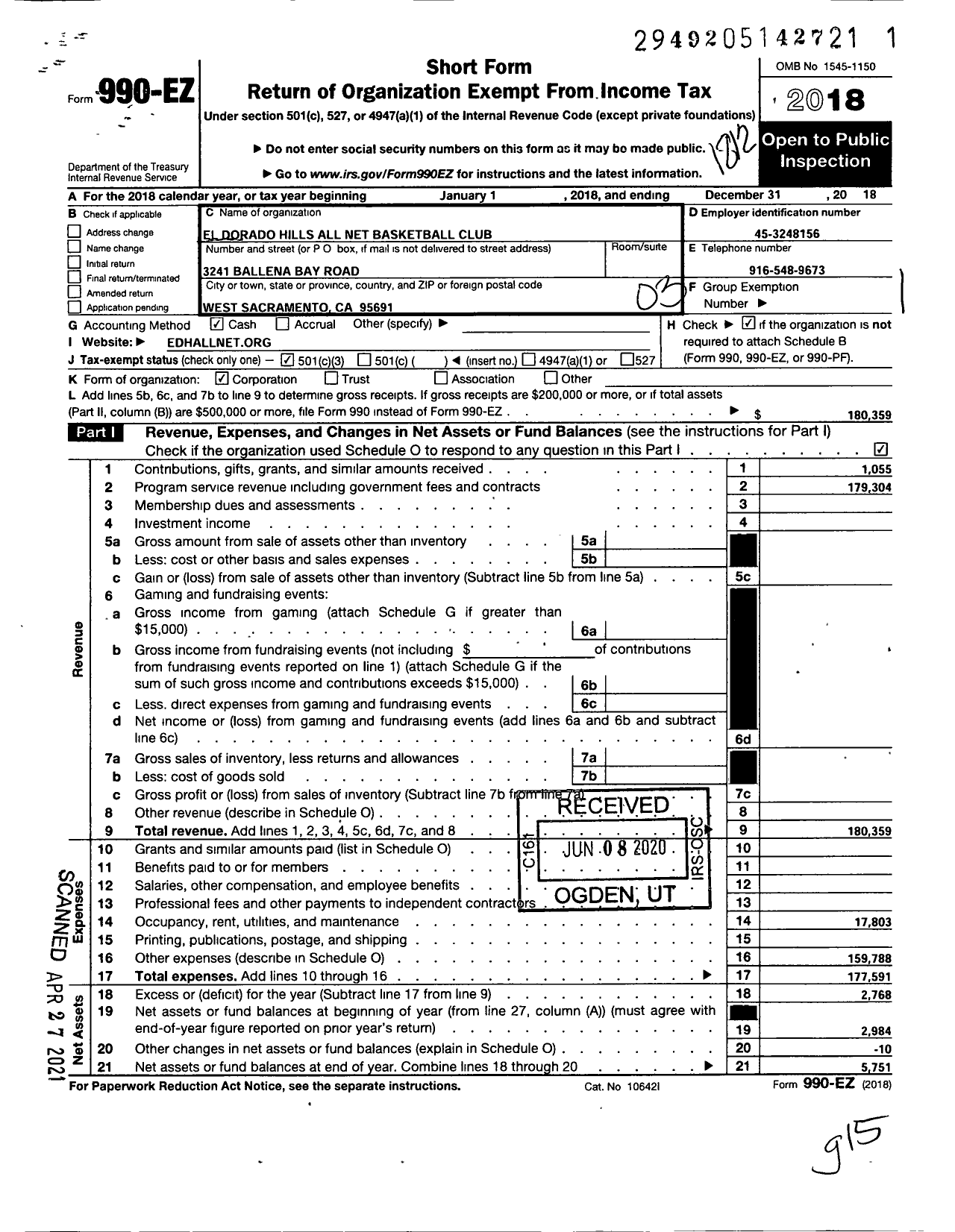 Image of first page of 2018 Form 990EZ for El Dorado Hills All Net Basketball Club