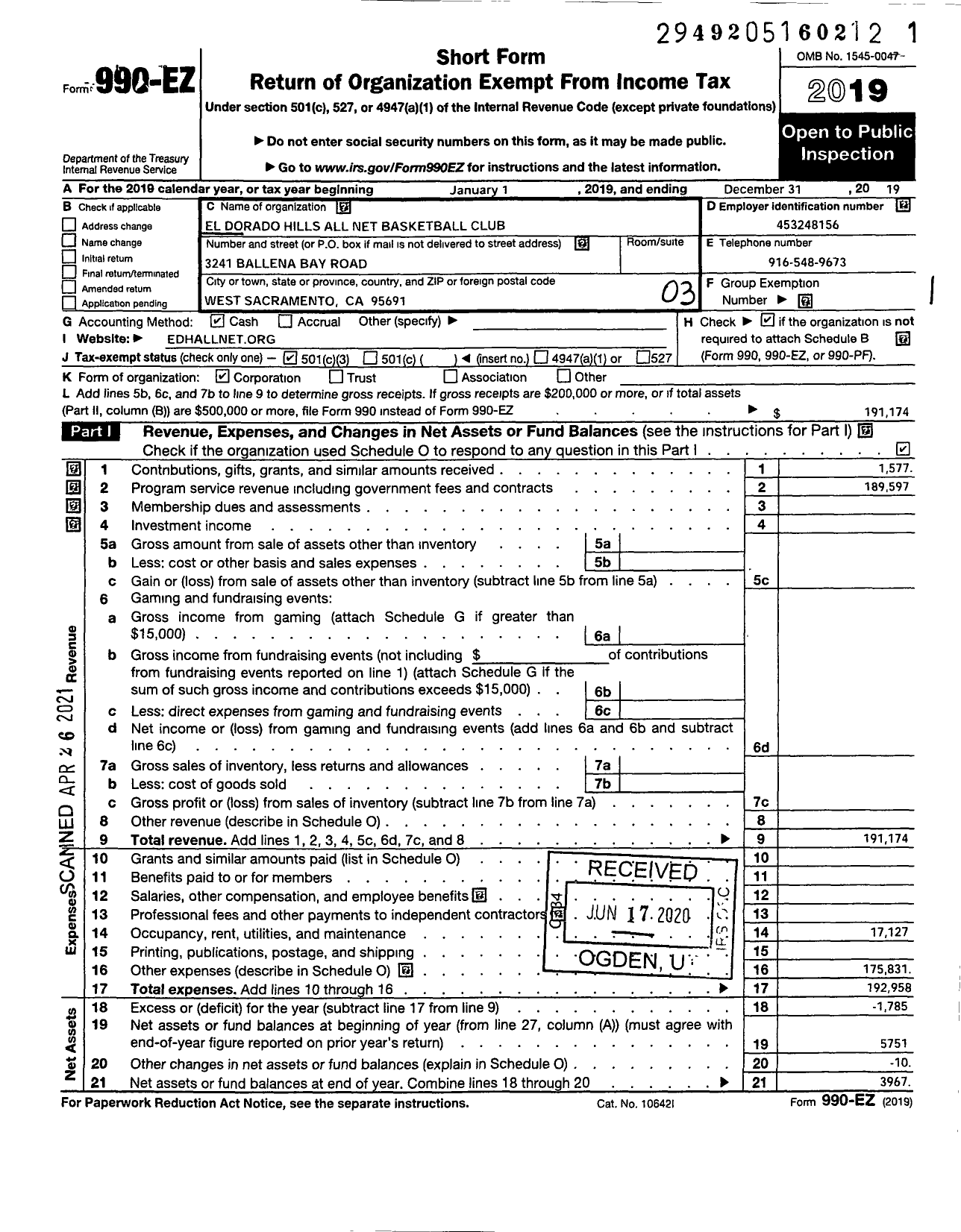 Image of first page of 2019 Form 990EZ for El Dorado Hills All Net Basketball Club