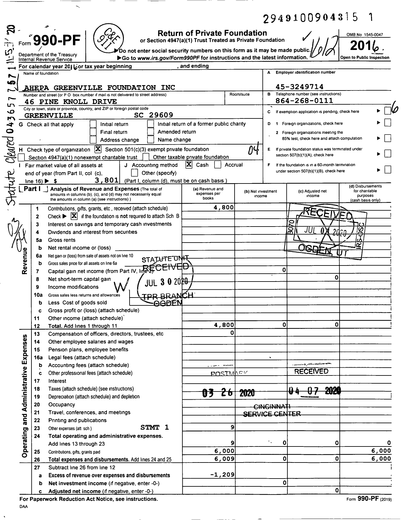 Image of first page of 2016 Form 990PF for Ahepa Greenville Foundation