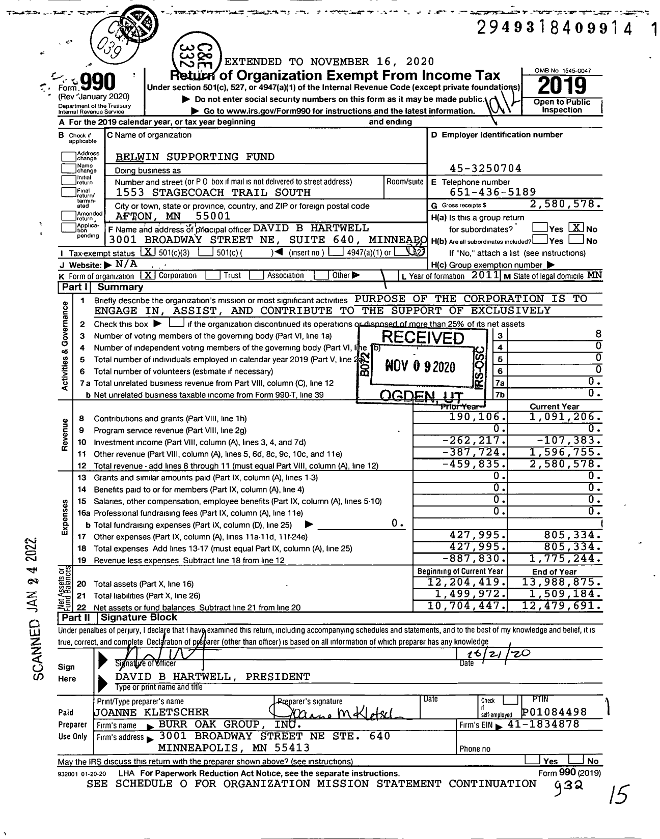 Image of first page of 2019 Form 990 for Belwin Supporting Fund