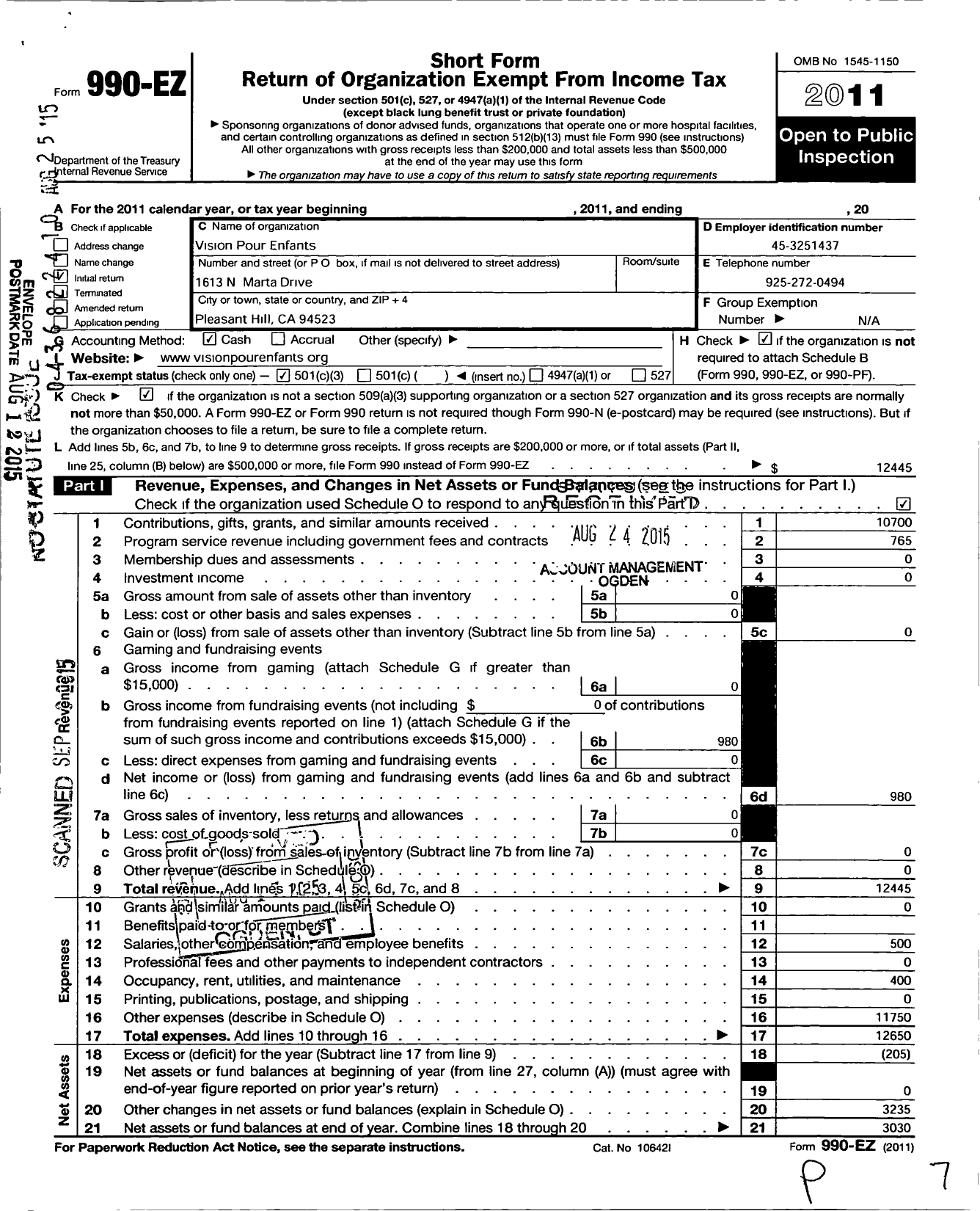 Image of first page of 2011 Form 990EZ for Vision Pour Enfants