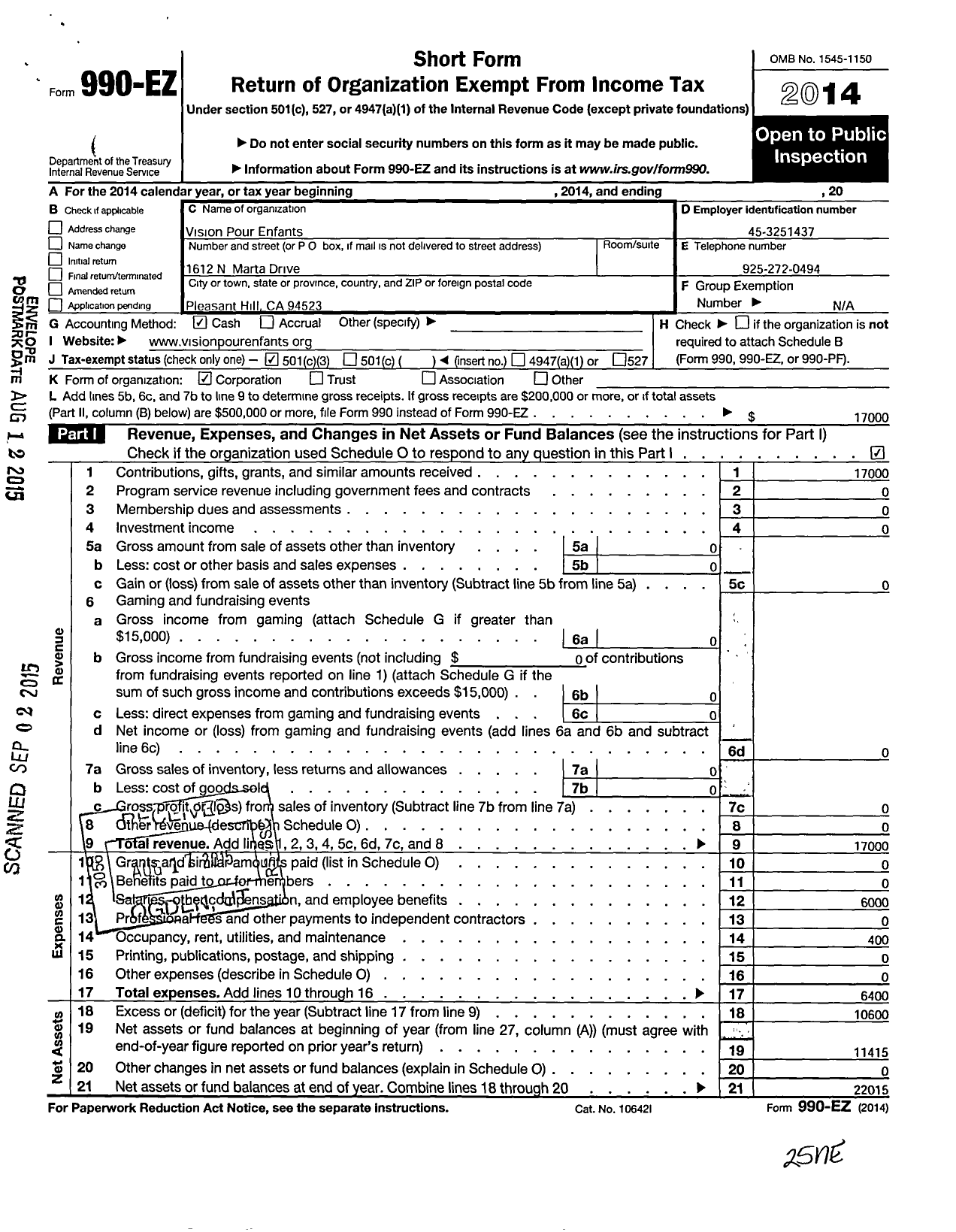 Image of first page of 2014 Form 990EZ for Vision Pour Enfants