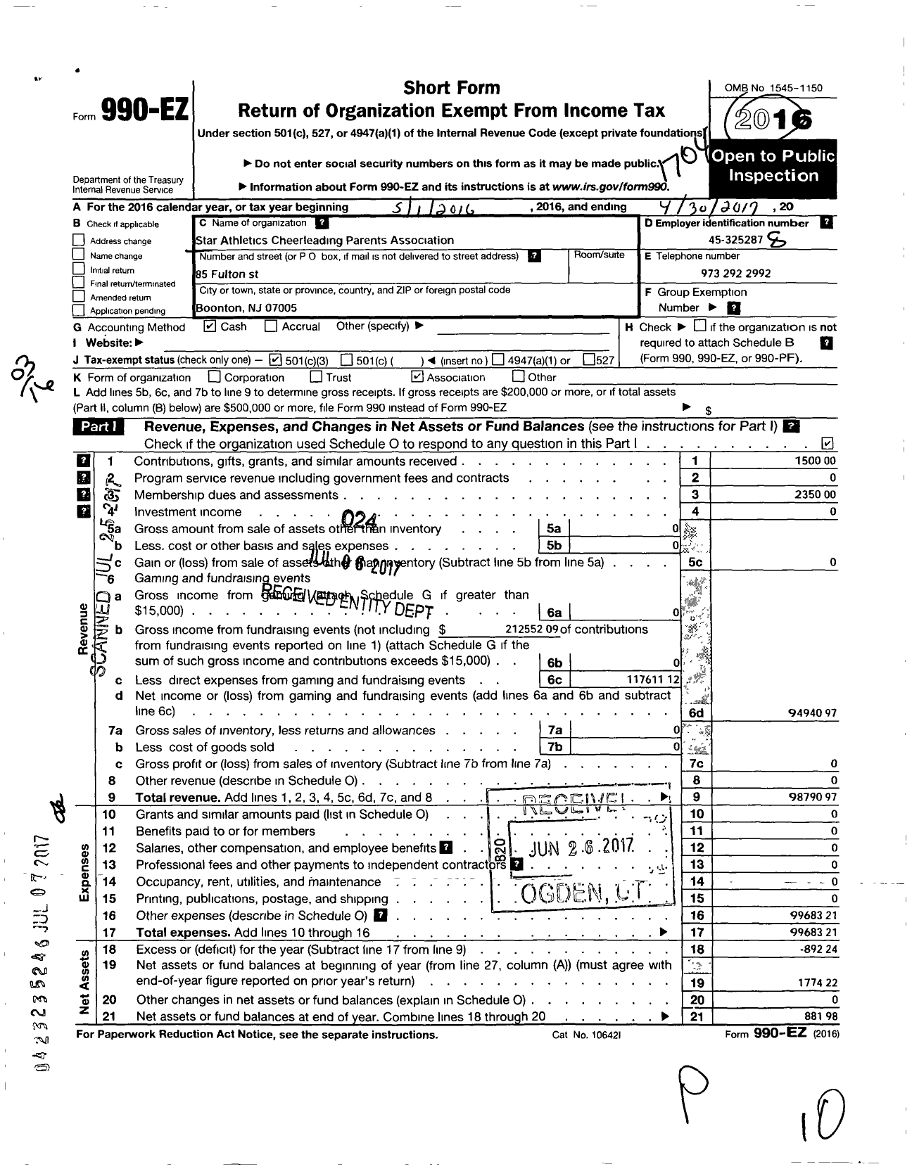 Image of first page of 2016 Form 990EZ for Star Athletics Cheerleading Parents Association