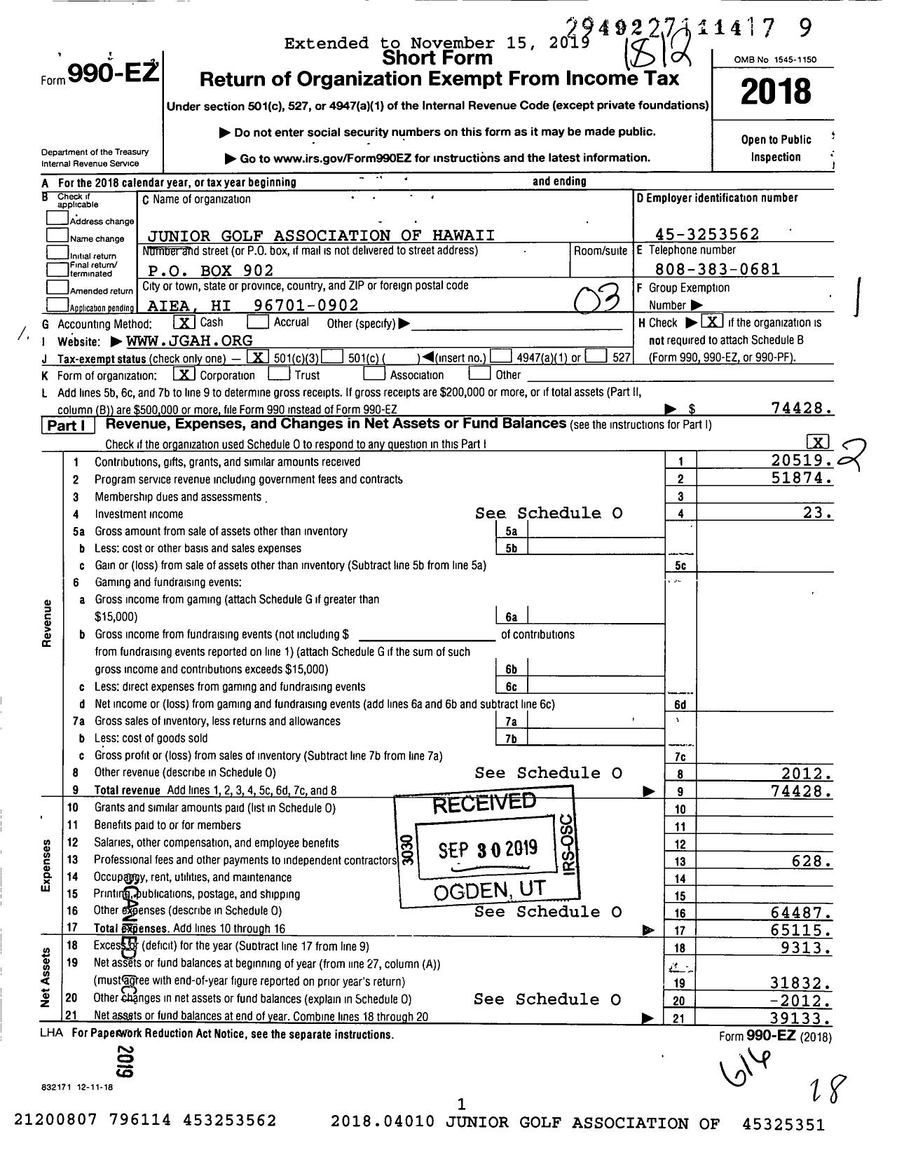 Image of first page of 2018 Form 990EZ for Junior Golf Association of Hawaii