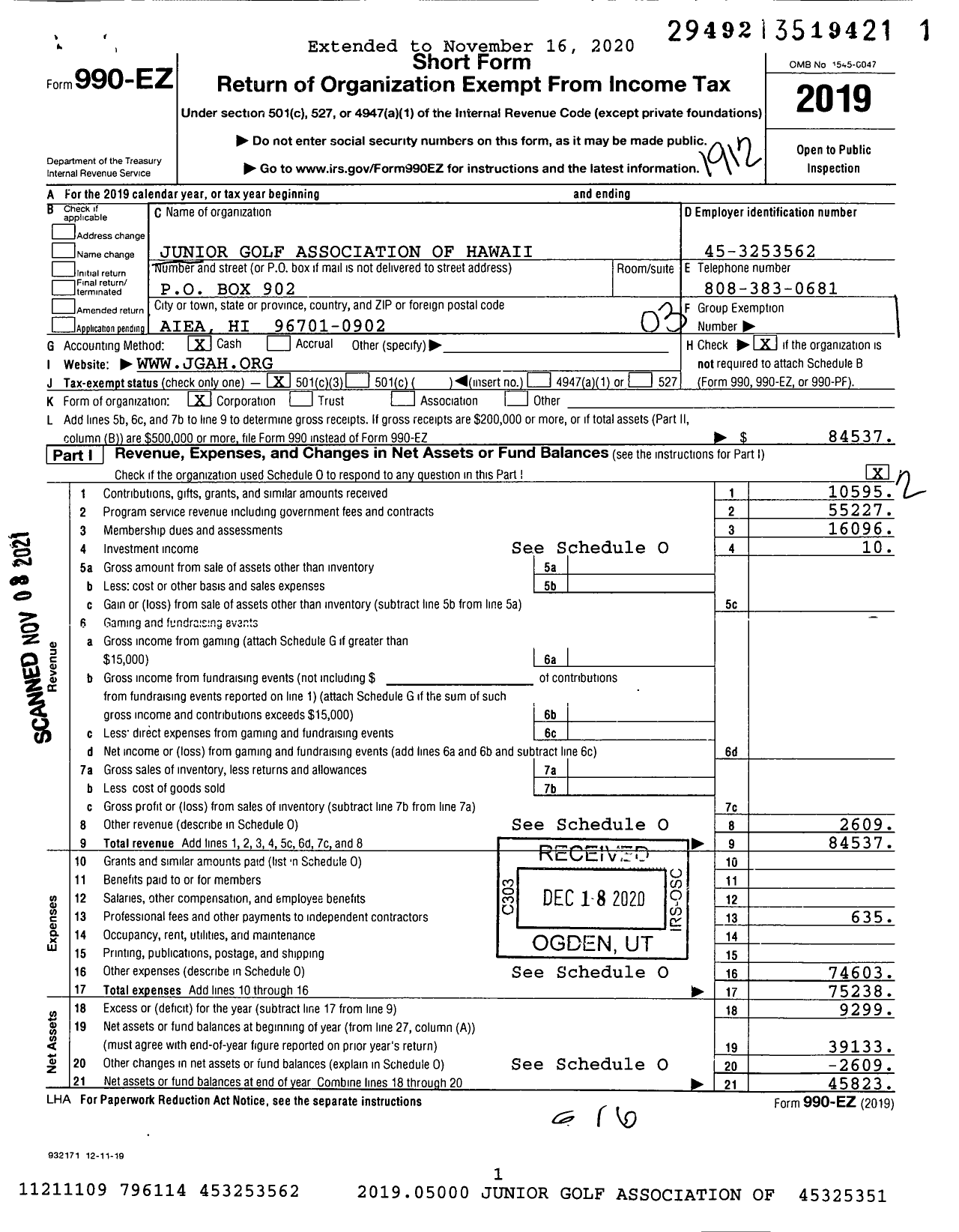 Image of first page of 2019 Form 990EZ for Junior Golf Association of Hawaii