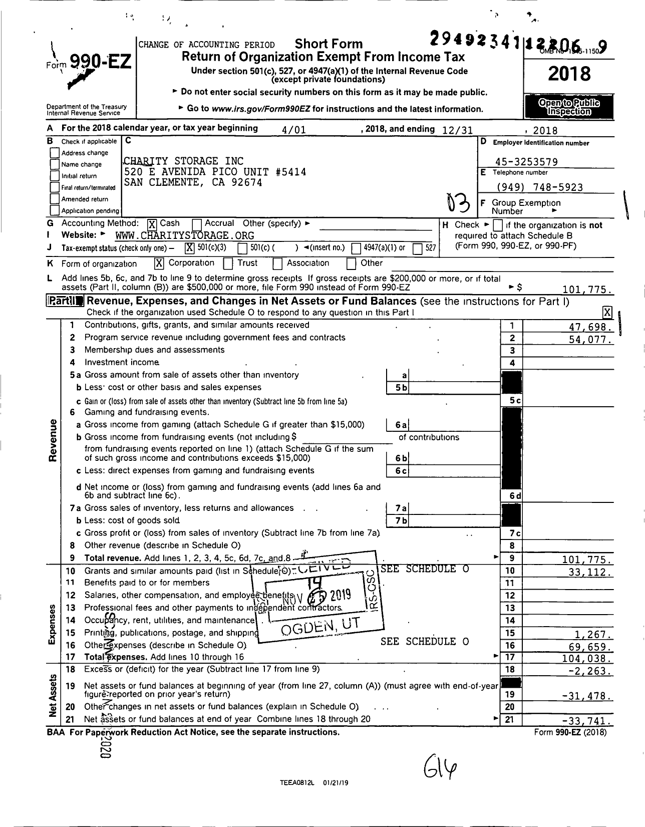 Image of first page of 2018 Form 990EZ for Charity Storage