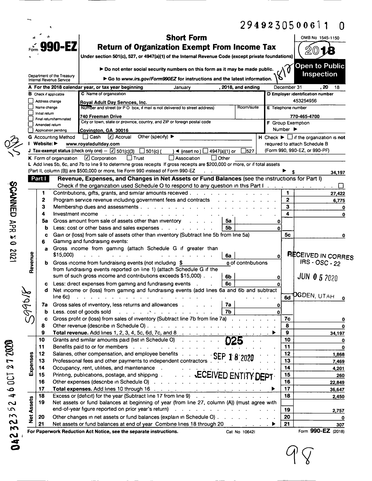 Image of first page of 2018 Form 990EZ for Royal Adult Day Services