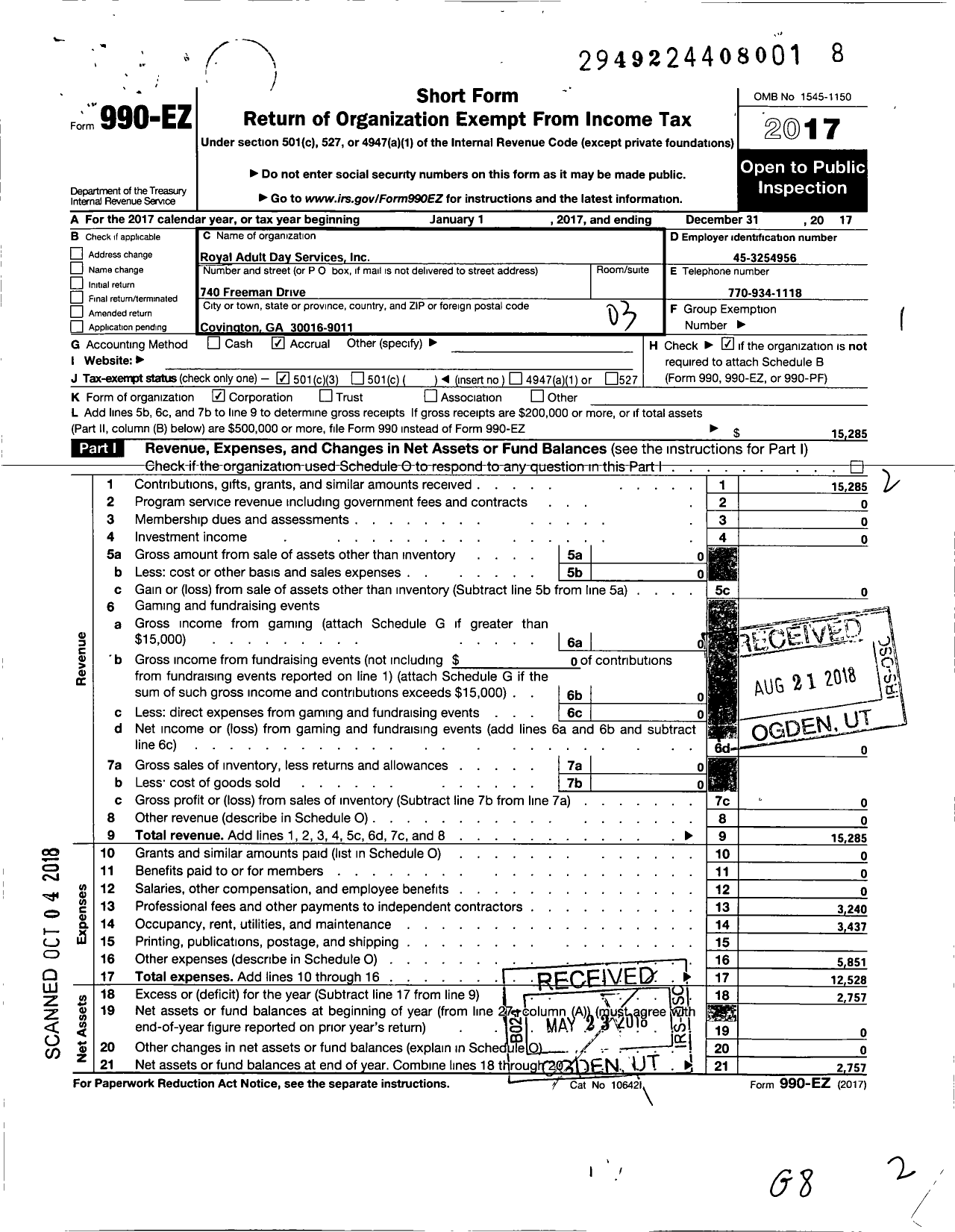 Image of first page of 2017 Form 990EZ for Royal Adult Day Services