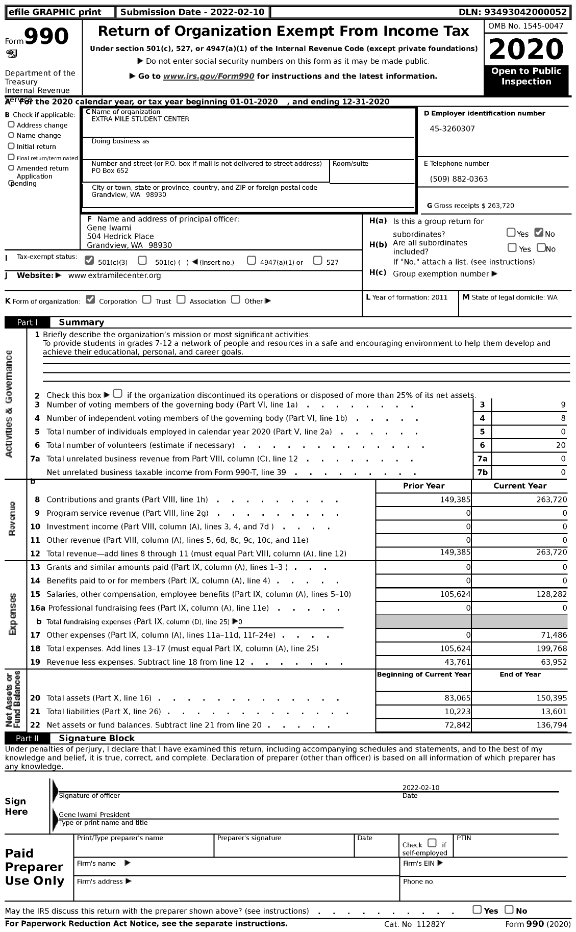 Image of first page of 2020 Form 990 for Extra Mile Student Center