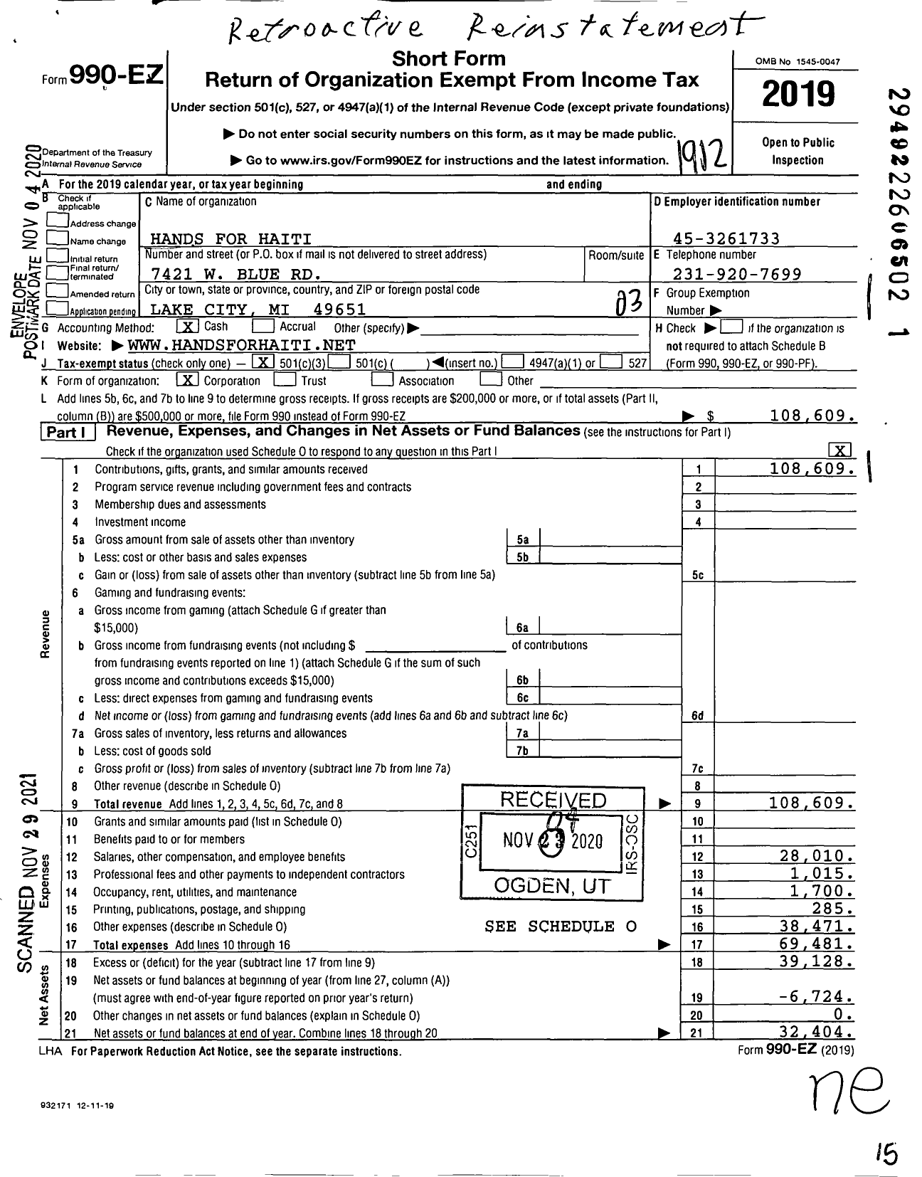 Image of first page of 2019 Form 990EZ for Hands for Haiti