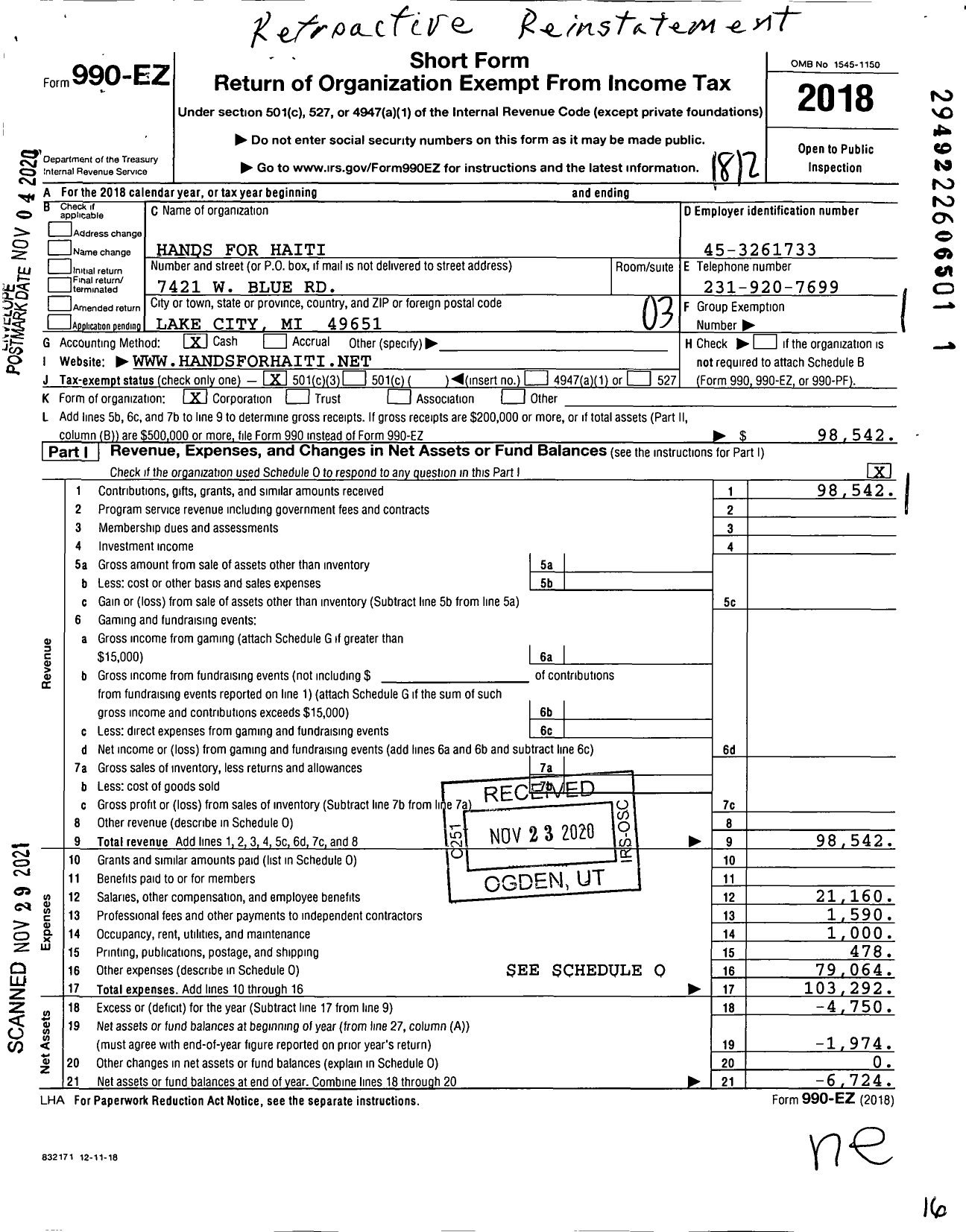 Image of first page of 2018 Form 990EZ for Hands for Haiti