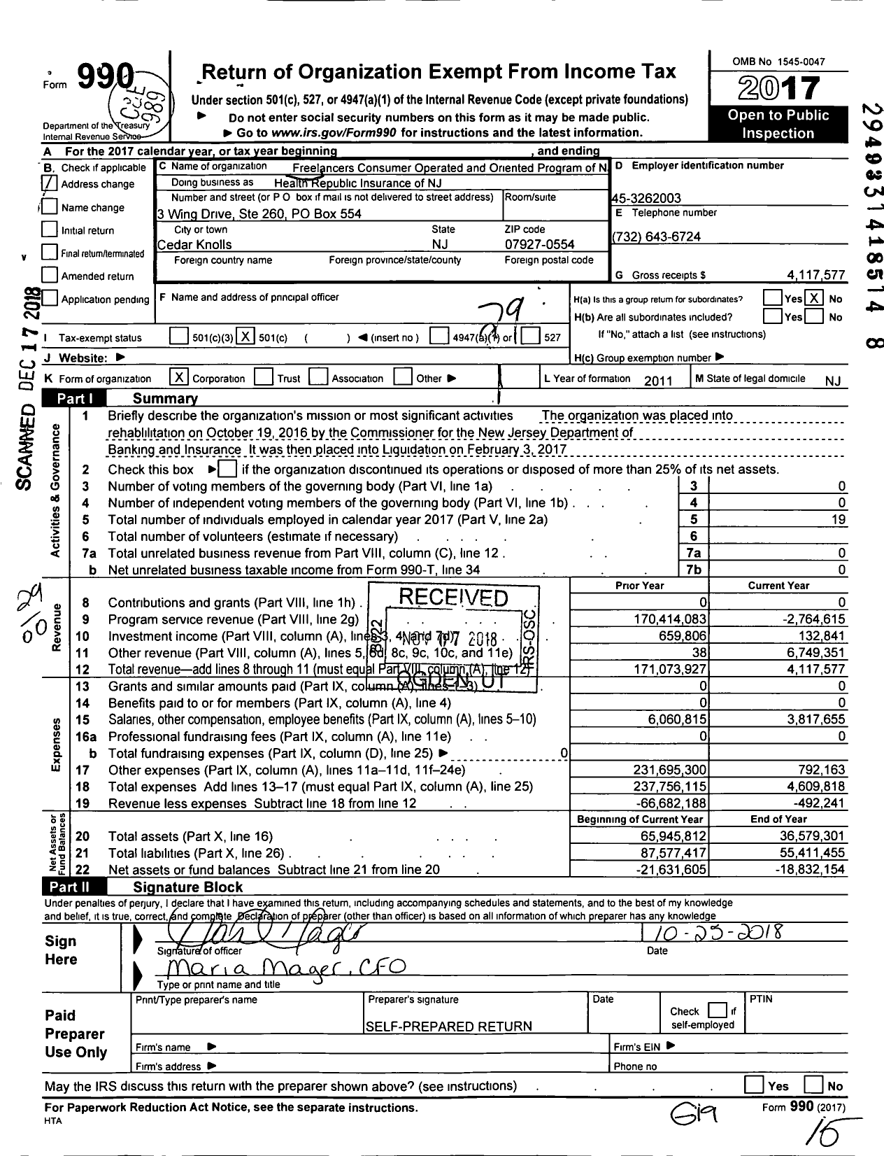 Image of first page of 2017 Form 990O for Health Republic Insurance of NJ