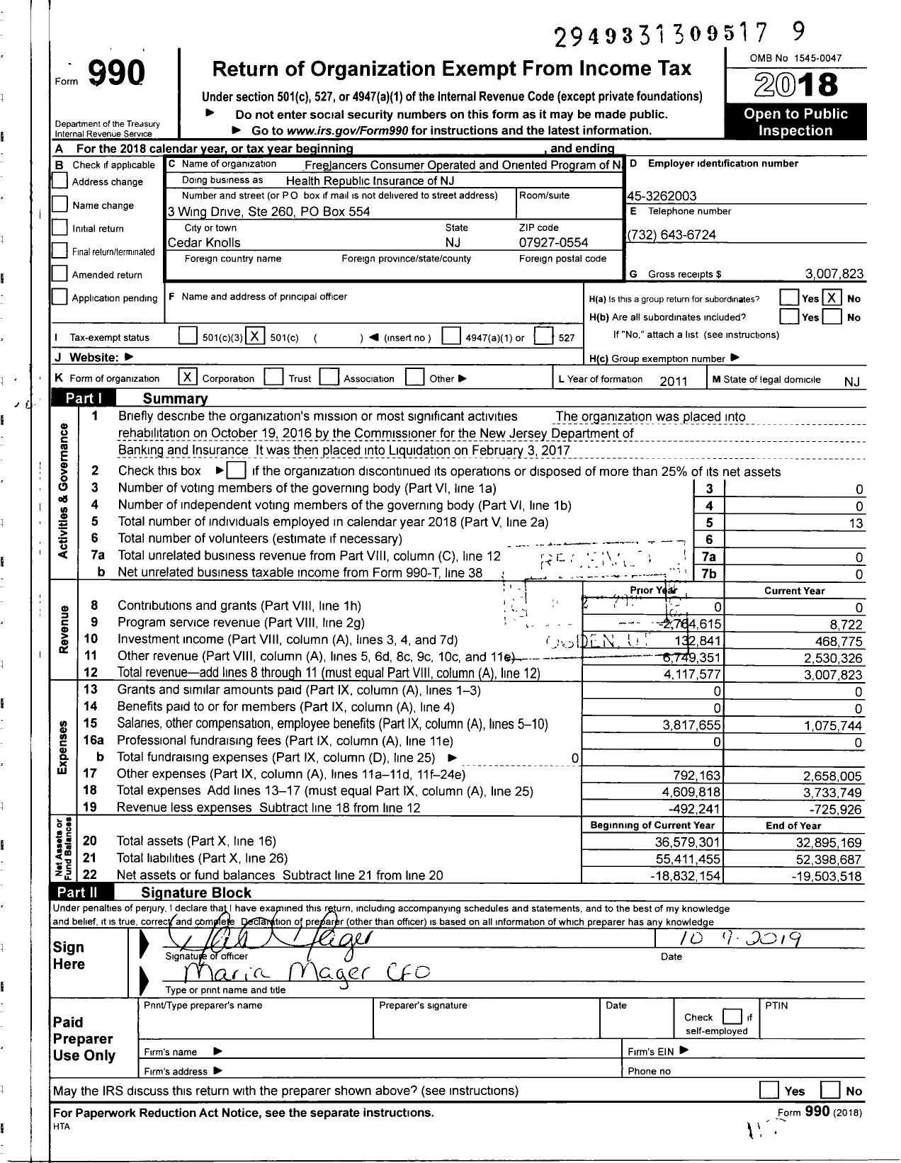 Image of first page of 2018 Form 990O for Health Republic Insurance of NJ