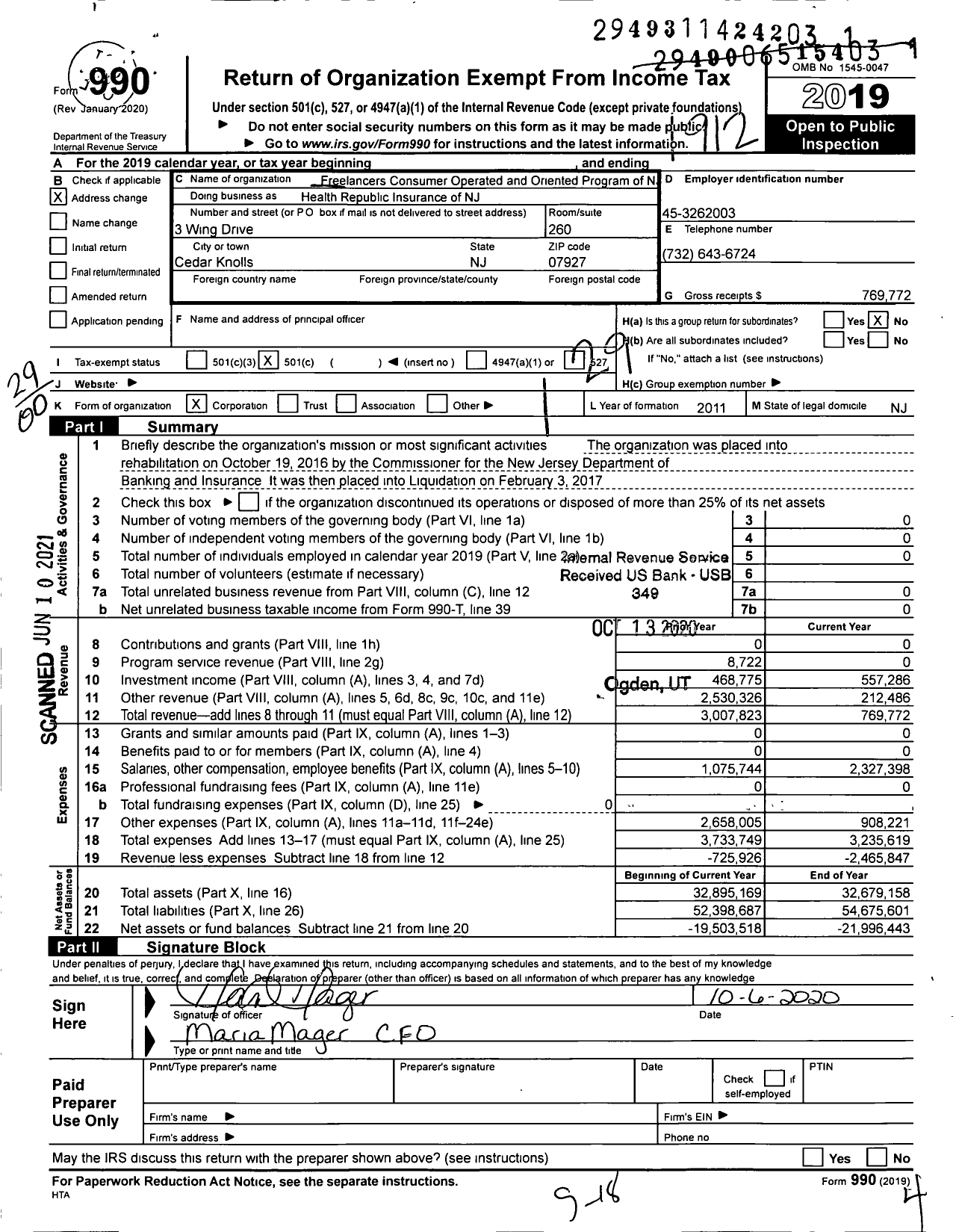Image of first page of 2019 Form 990O for Health Republic Insurance of NJ