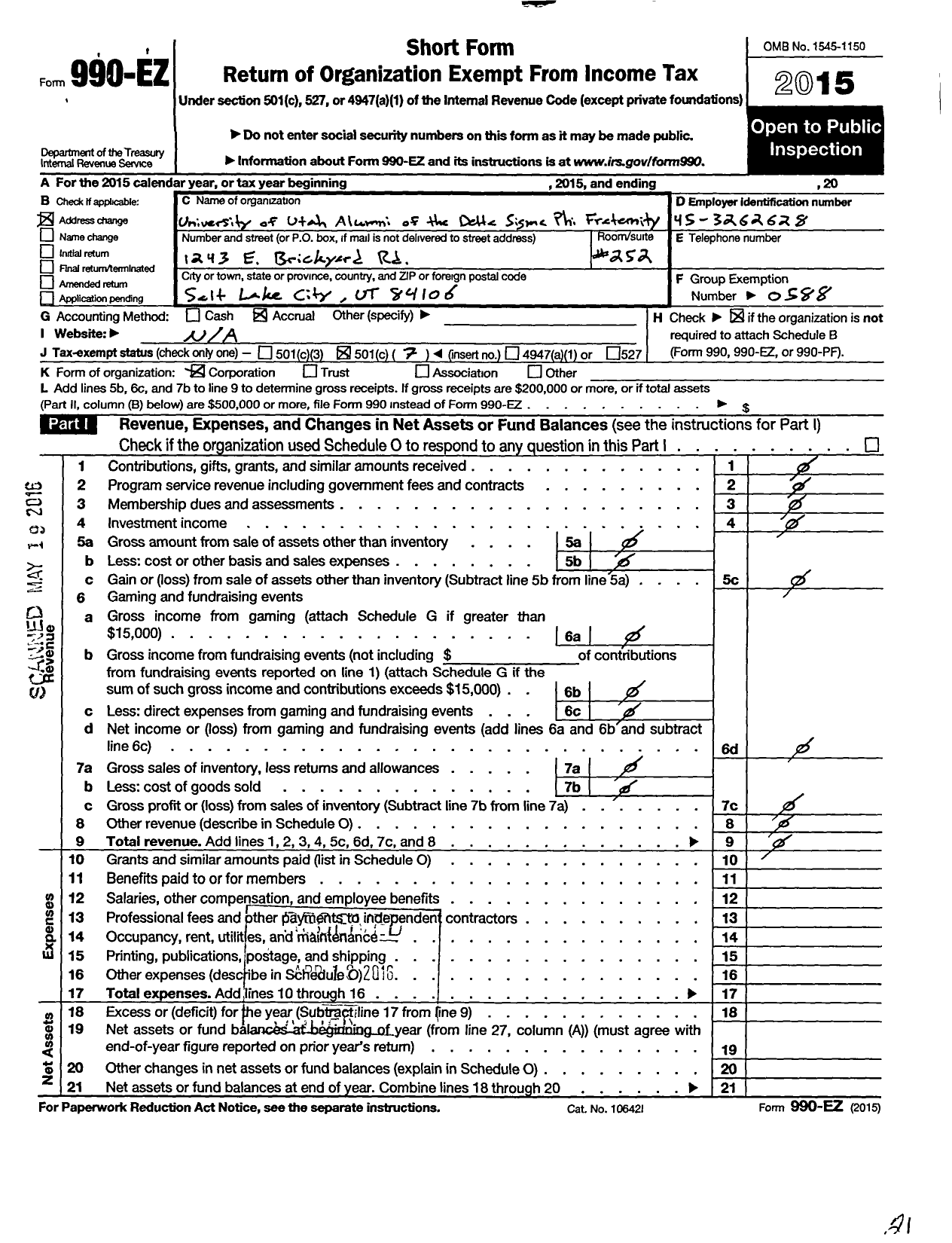 Image of first page of 2015 Form 990EO for University of Utah Alumni of the Delta Sigma Phi Fraternity