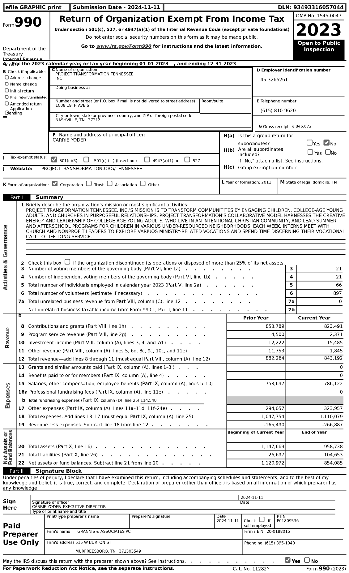 Image of first page of 2023 Form 990 for Project Transformation Tennessee