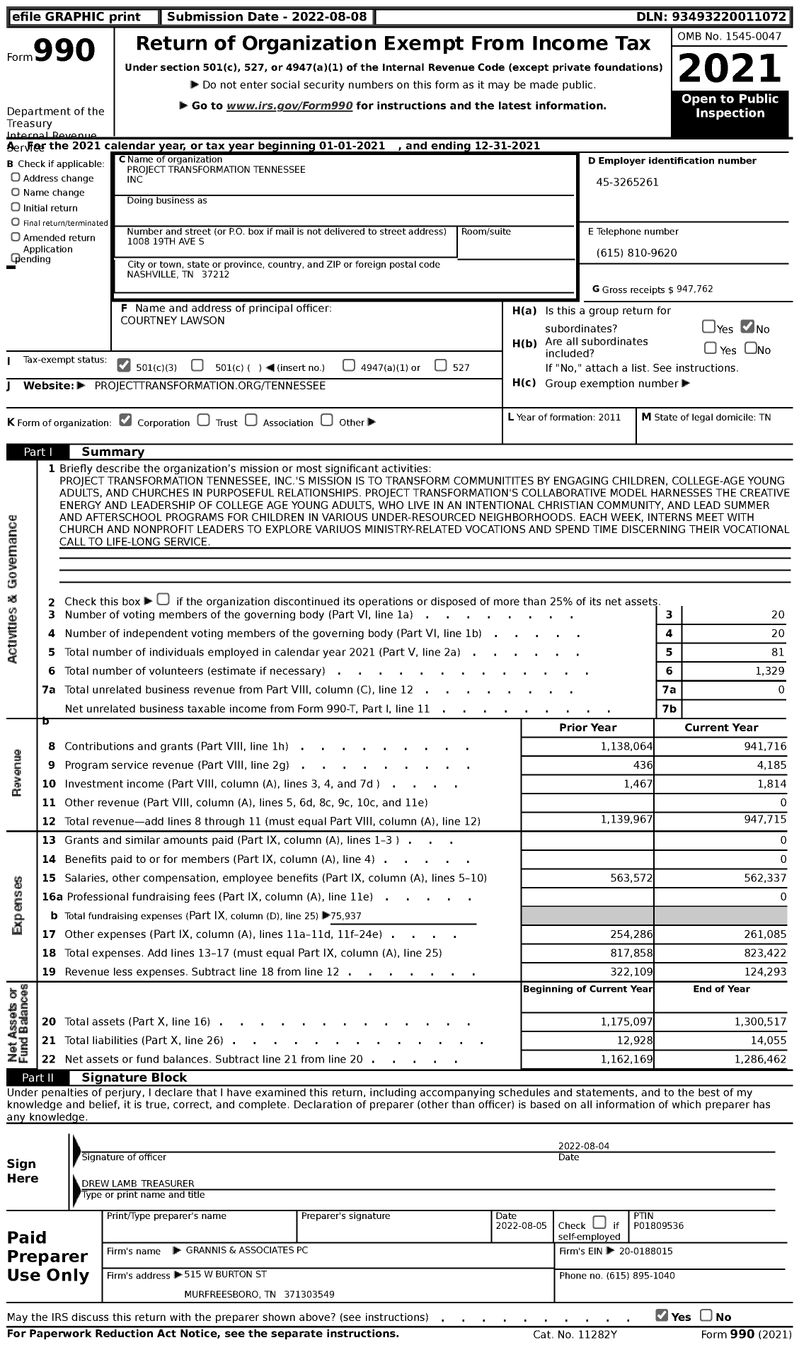 Image of first page of 2021 Form 990 for Project Transformation Tennessee