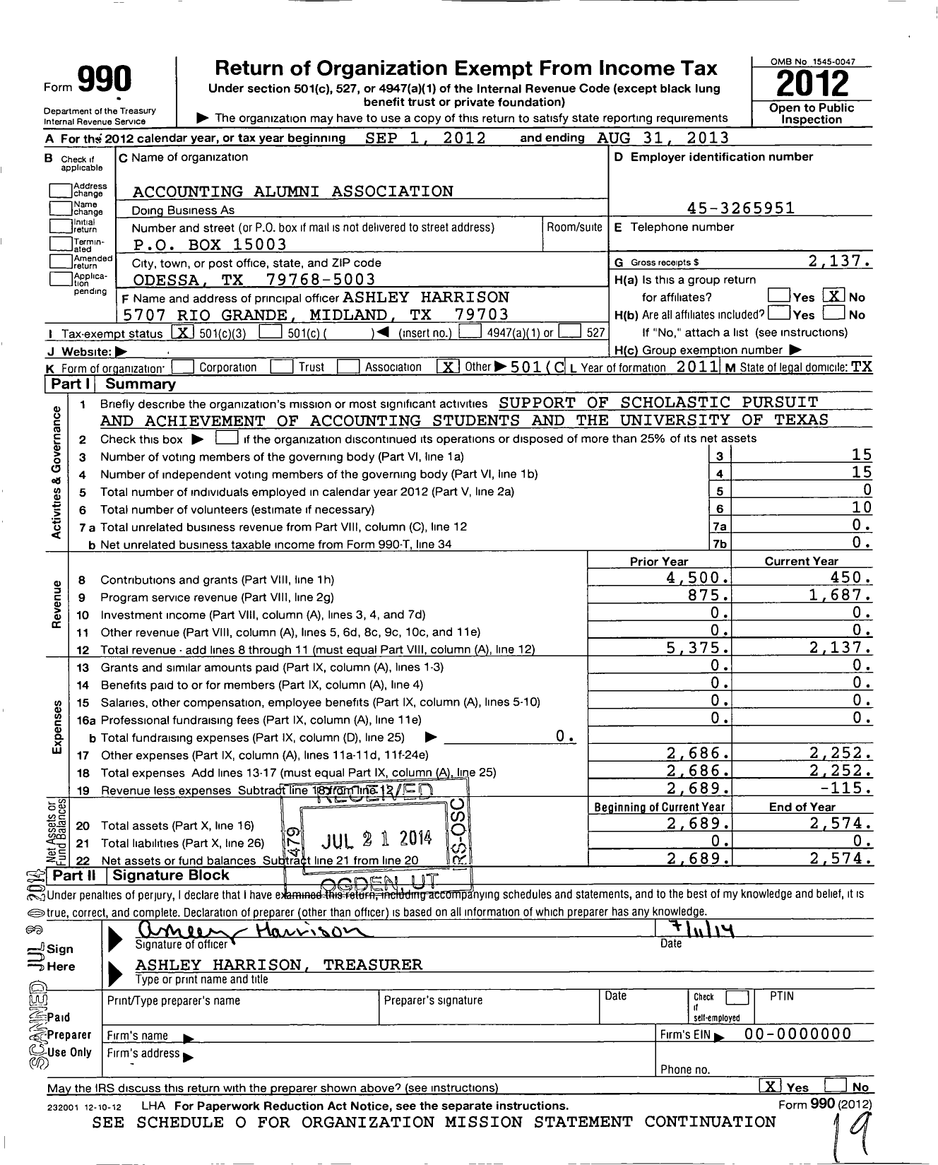 Image of first page of 2012 Form 990 for Accounting Alumni Association