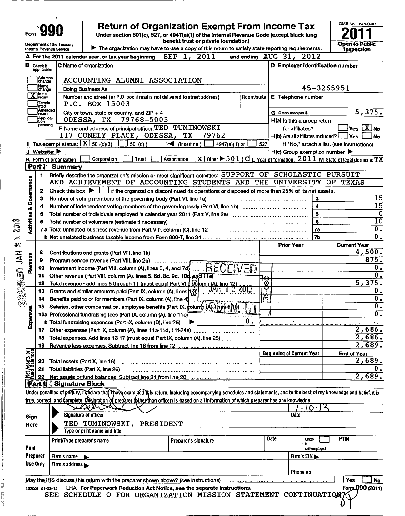 Image of first page of 2011 Form 990 for Accounting Alumni Association