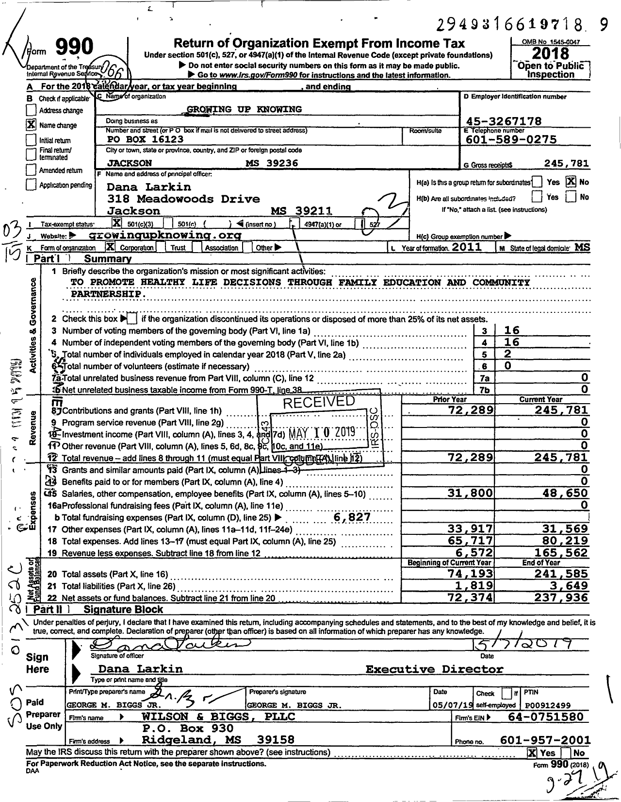Image of first page of 2018 Form 990 for Growing Up Knowing