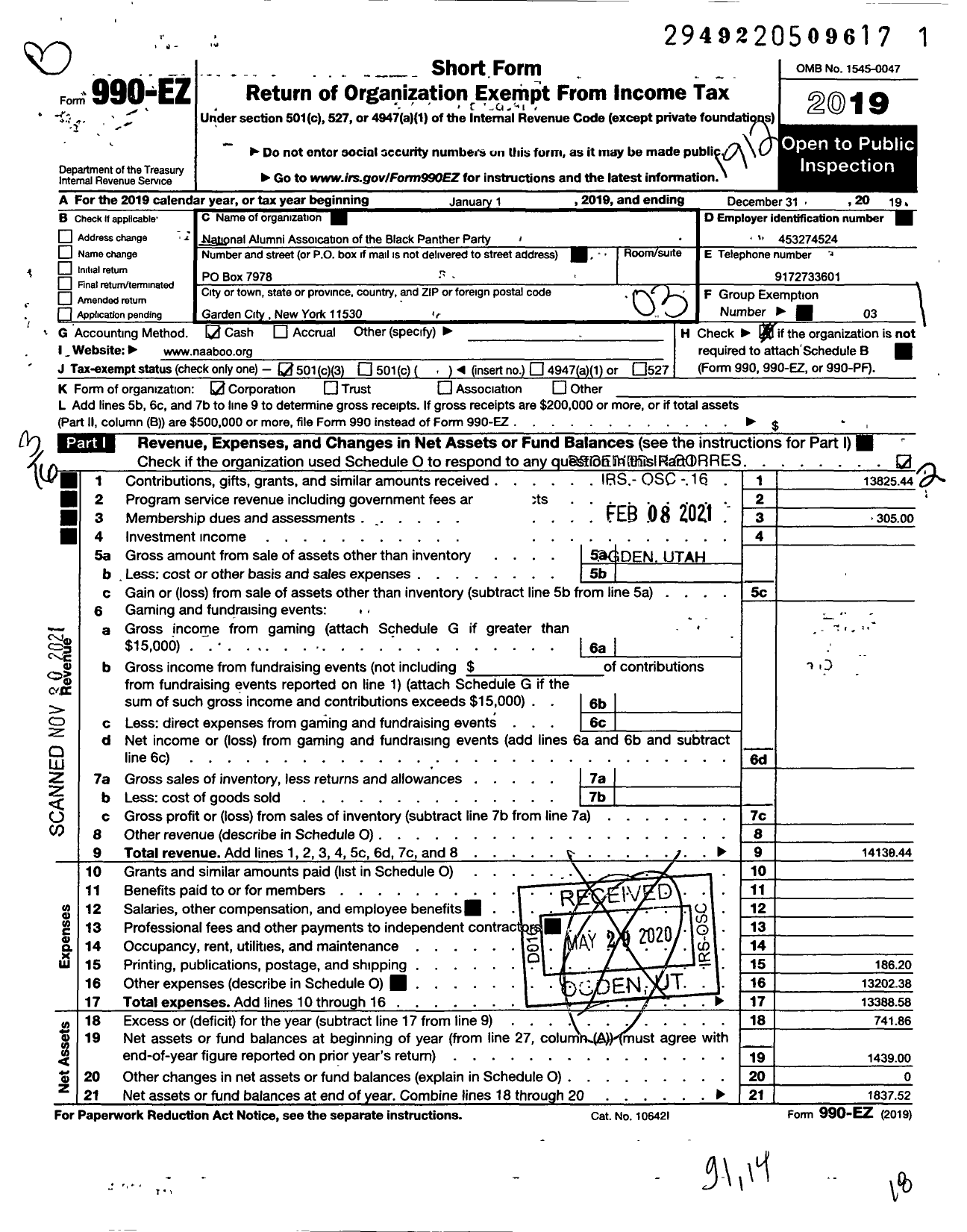 Image of first page of 2019 Form 990EZ for National Alumni Association of the Black Panther