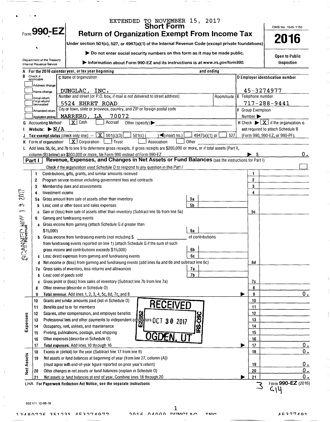 Image of first page of 2016 Form 990EZ for Dunglac