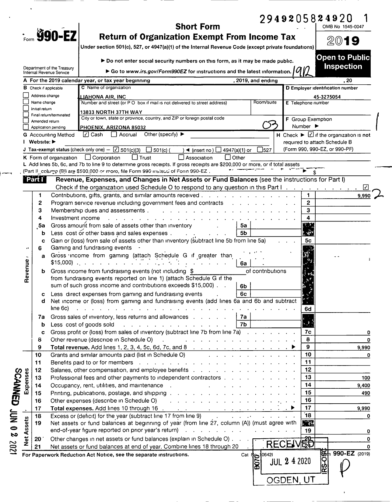 Image of first page of 2019 Form 990EZ for Liahona Air